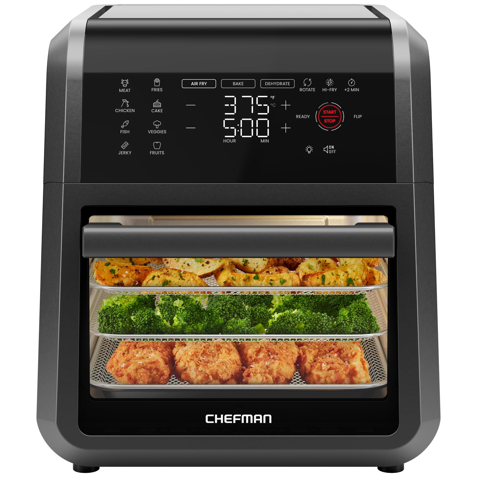 Chefman 12-Quart 6-in-1 Rotisserie Air Fryer Oven & Dehydrator, 12 Presets, Touchscreen, Family Size, Dishwasher-Safe Parts, Black