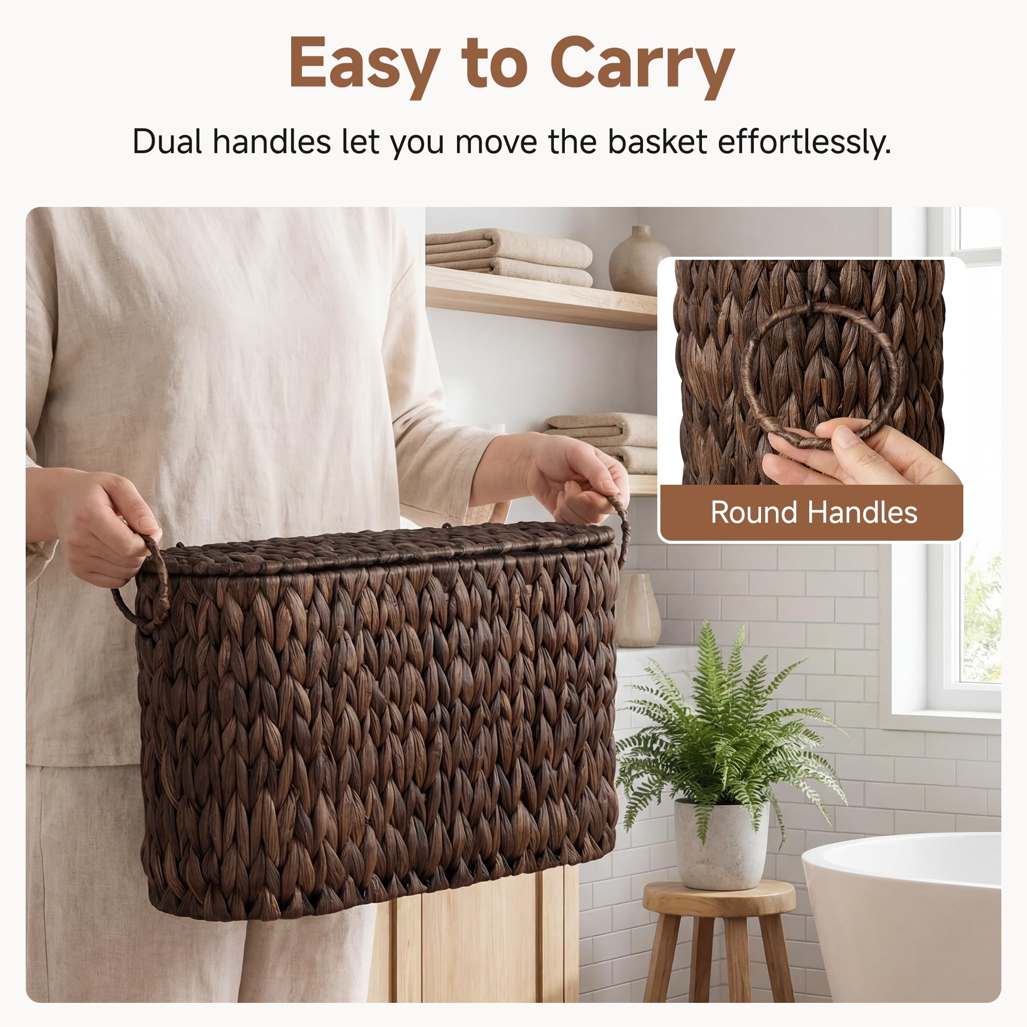 StorageWorks Bathroom Toilet Paper Storage Holder with Lid, Wicker Toilet Paper Basket for 6 Regular Rolls, Slim Basket Organizer with Handles, Water Hyacinth Storage Baskets for Bathroom, Brown
