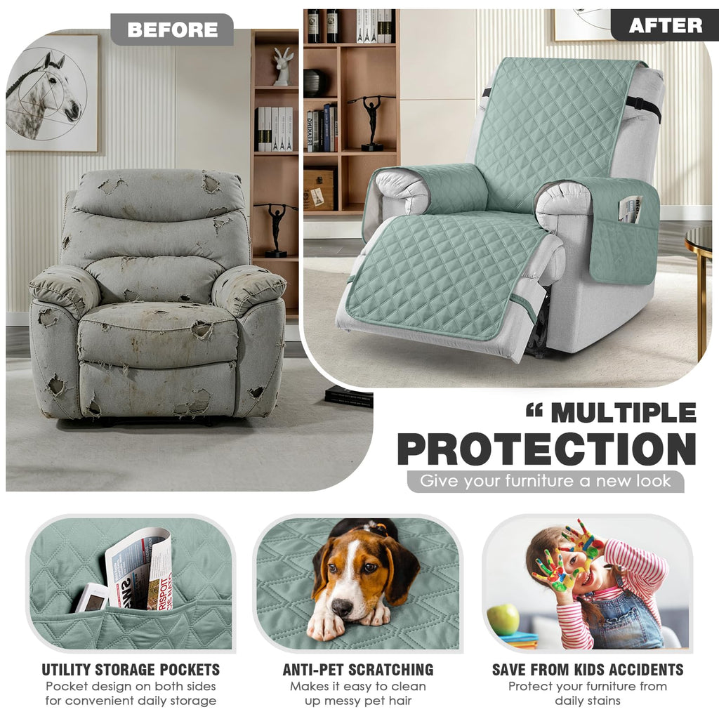 TAOCOCO 100% Waterproof Recliner Chair Covers, Reversible Recliner Covers with Leg Straps, Washable Recliner Sofa Covers for Reclining Chair Furniture Dog Protector with Pocket (Black, 23.6'')