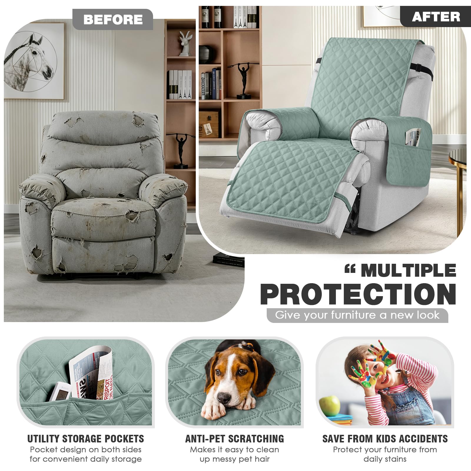TAOCOCO 100% Waterproof Recliner Chair Covers, Reversible Recliner Covers with Leg Straps, Washable Recliner Sofa Covers for Reclining Chair Furniture Dog Protector with Pocket (Black, 23.6'')