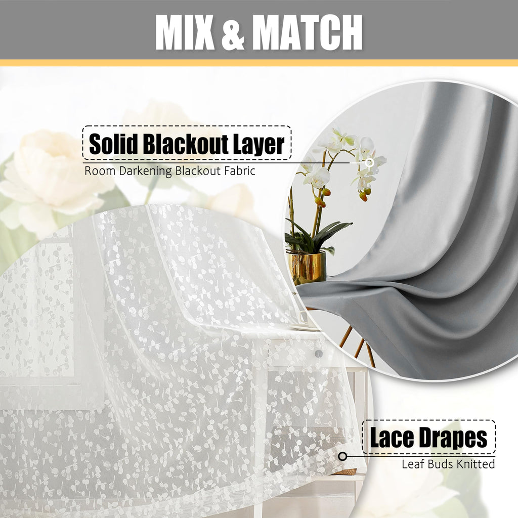 Jubilantex Full Blackout Curtains + Leaf Sheer Window Panels, Beige Mix and Match Style Double Layer Window Treatment Sets for Bedroom Living Room, 4 Panels 52" W x 63" L, Beige and White