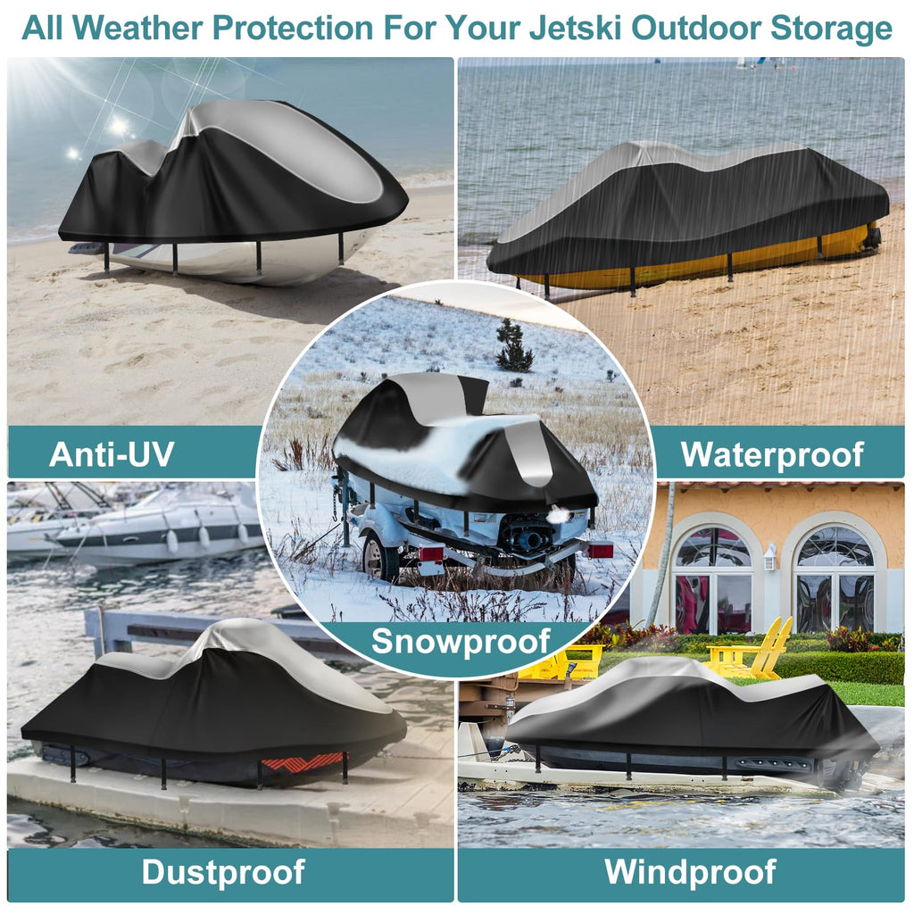 Jet Ski Cover,Heavy Duty 900D Oxford Jetski Cover 2 3 Seater with 2 Air Vents，4 Windproof Buckles，Easy On，Jetski Cover Waterproof for Seadoo Spark,Yamaha,All Weather Protection(Black, XL:115"-120")