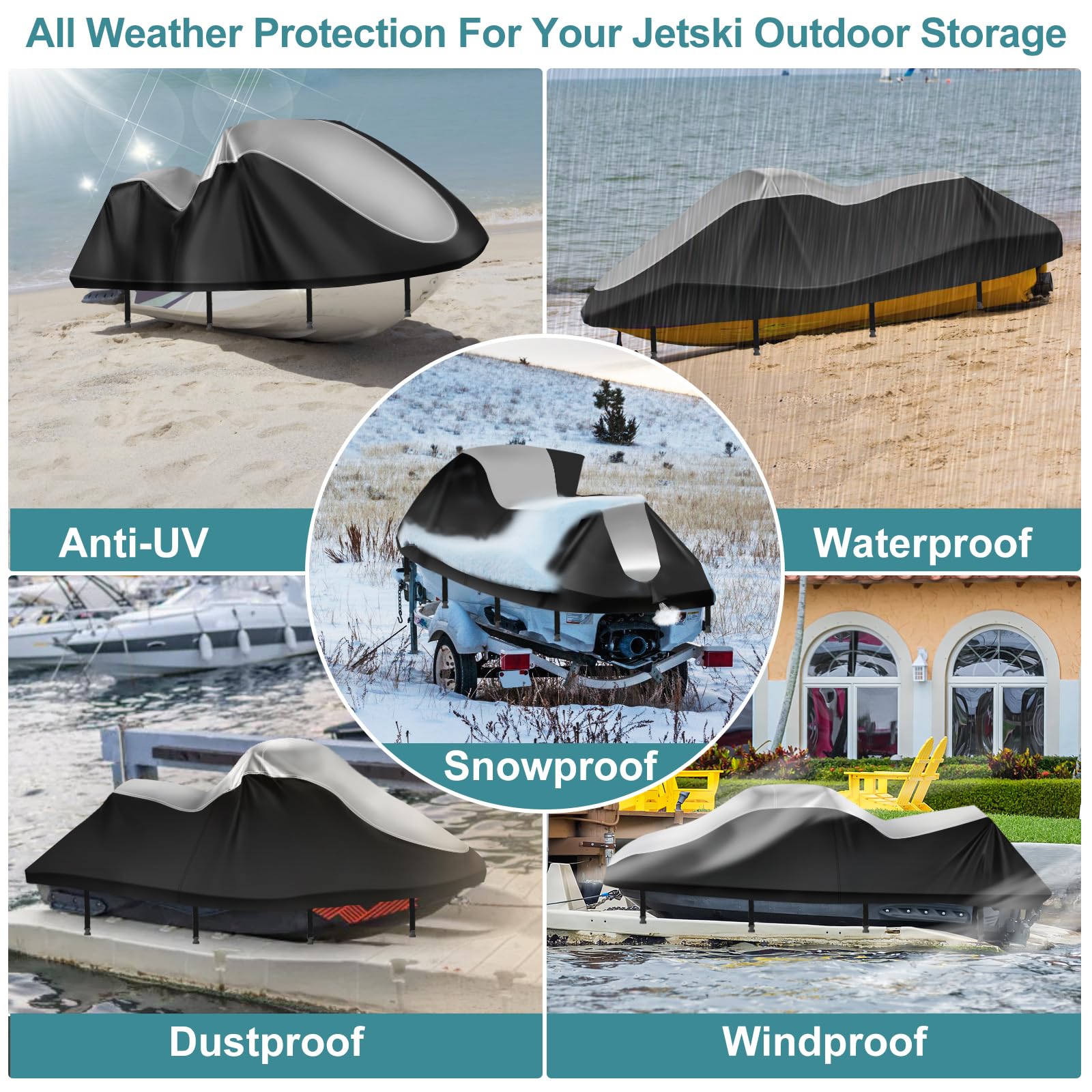 Jet Ski Cover,Heavy Duty 900D Oxford Jetski Cover 2 3 Seater with 2 Air Vents，4 Windproof Buckles，Easy On，Jetski Cover Waterproof for Seadoo Spark,Yamaha,All Weather Protection(Black, XL:115"-120")