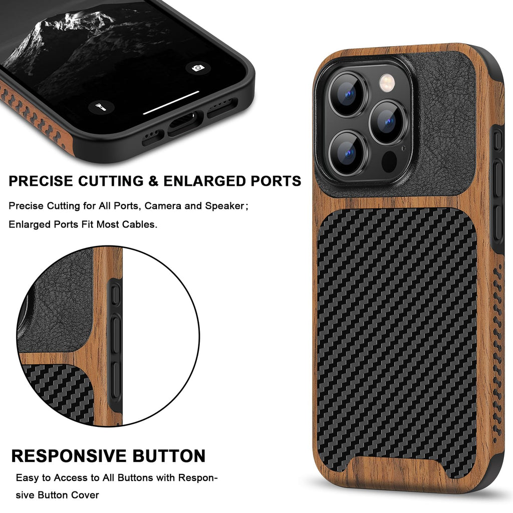 TENDLIN Compatible with iPhone 15 Case Wood Grain with Carbon Fiber Texture Design Leather Hybrid Slim Case (Black)