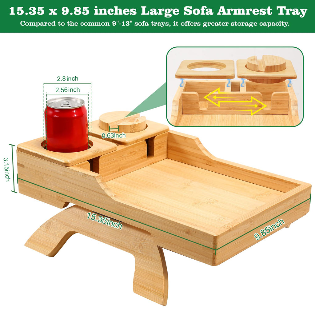 GHKINMAL Couch Cup Holder Tray, 15.4"x9.9" Large 4 in 1 Couch Arm Tray with 360°Rotated Phone Holder, Non-Slip Clip on Side Table for Drinks/Remote/Snacks, Ideal Gift for Husband, Wife, Parents
