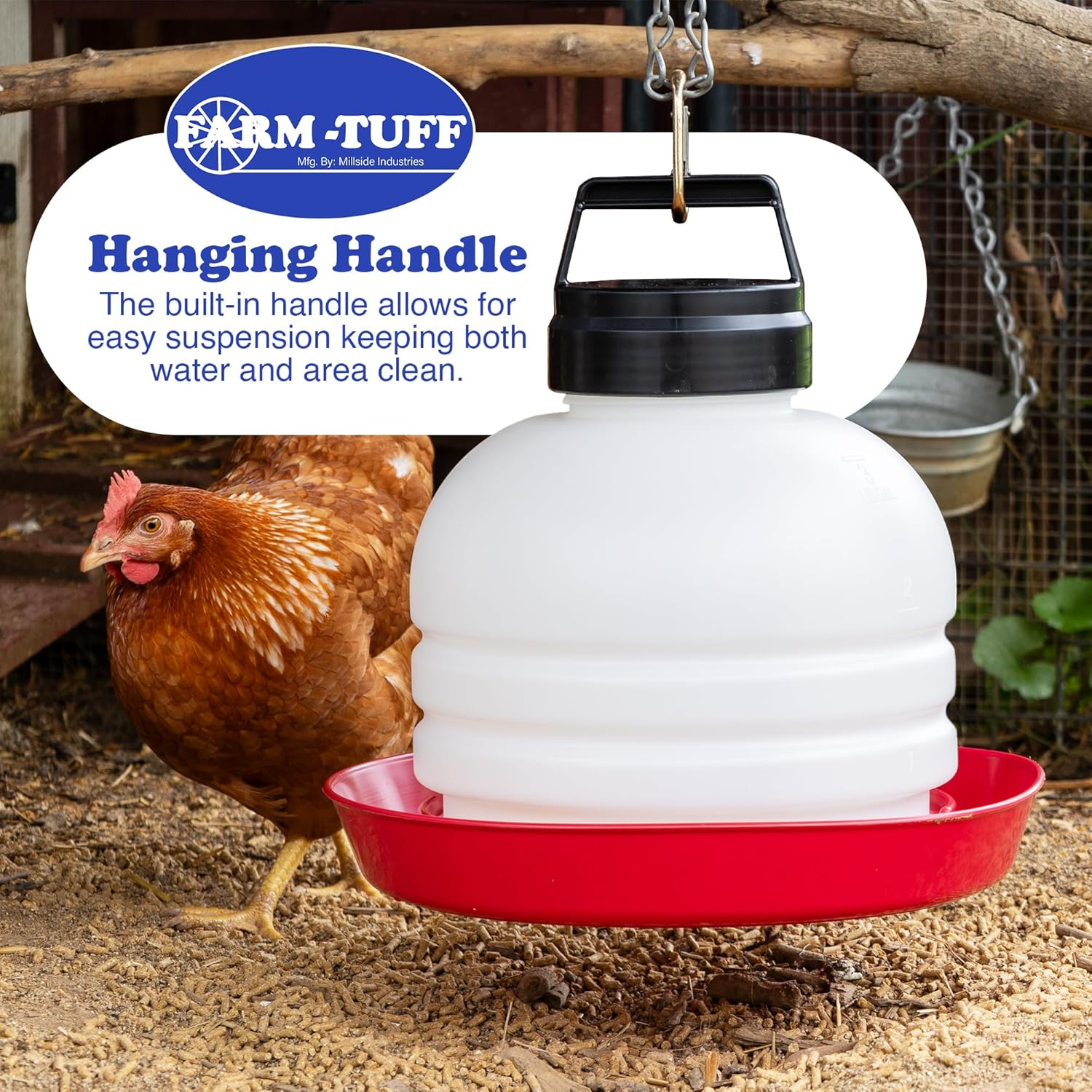 FARM-TUFF Hanging Chicken Waterer, 3 Gallon Capacity - Durable BPA-Free Plastic Poultry Fountain with Top Fill Design - Automatic Water Dispenser for Chickens, Ducks, Turkeys & Game Birds