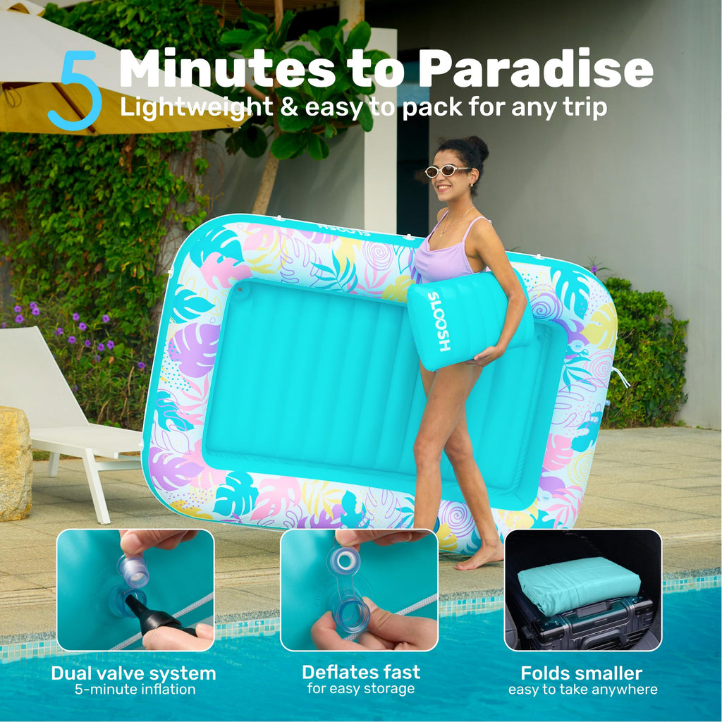 SLOOSH Inflatable Tanning Pool Lounger Float, 85" x 57" Extra Large Pool Floats Adult with Pillow, 4 in 1 Suntan Tub Raft Floatie,Sunbathing Bed Lounge for Water Blow Up Ball Pit Party Gifts, XL-Blue