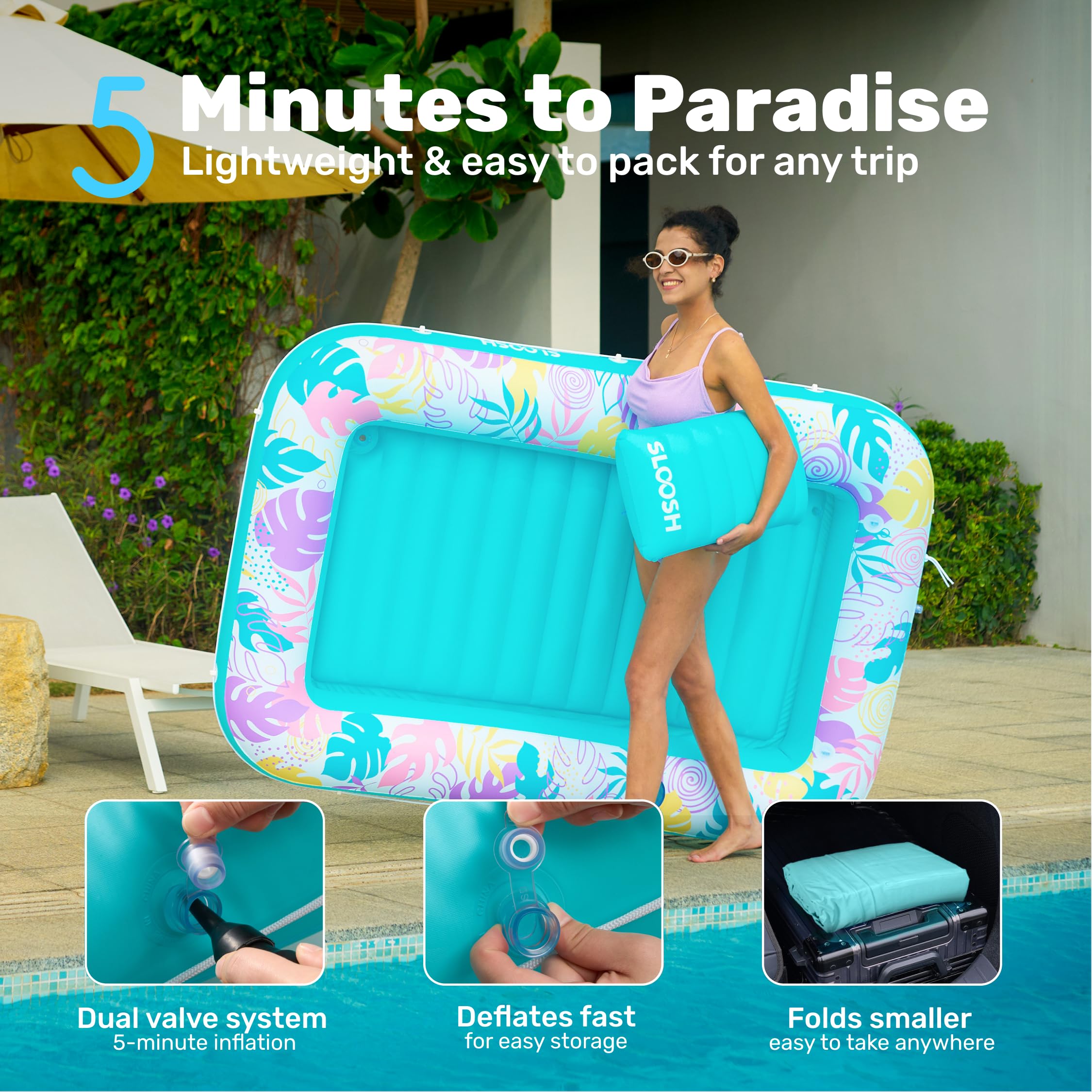 SLOOSH Inflatable Tanning Pool Lounger Float, 85" x 57" Extra Large Pool Floats Adult with Pillow, 4 in 1 Suntan Tub Raft Floatie,Sunbathing Bed Lounge for Water Blow Up Ball Pit Party Gifts, XL-Blue