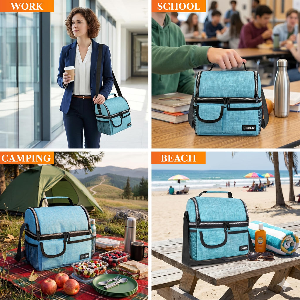 opux Insulated Lunch Bag Women Men, Dual Compartment Leakproof Lunch Box Adults Kids, Double Decker Meal Prep Bento Lunch Cooler Tote with Shoulder Strap for Work Office School Travel, Black