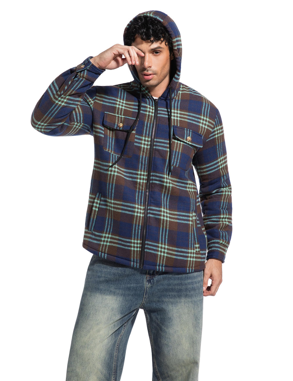 Men's Flannel Plaid Hooded Jackets Full Zip Sherpa Fleece Lined Hoodies Fashion Warm Coat