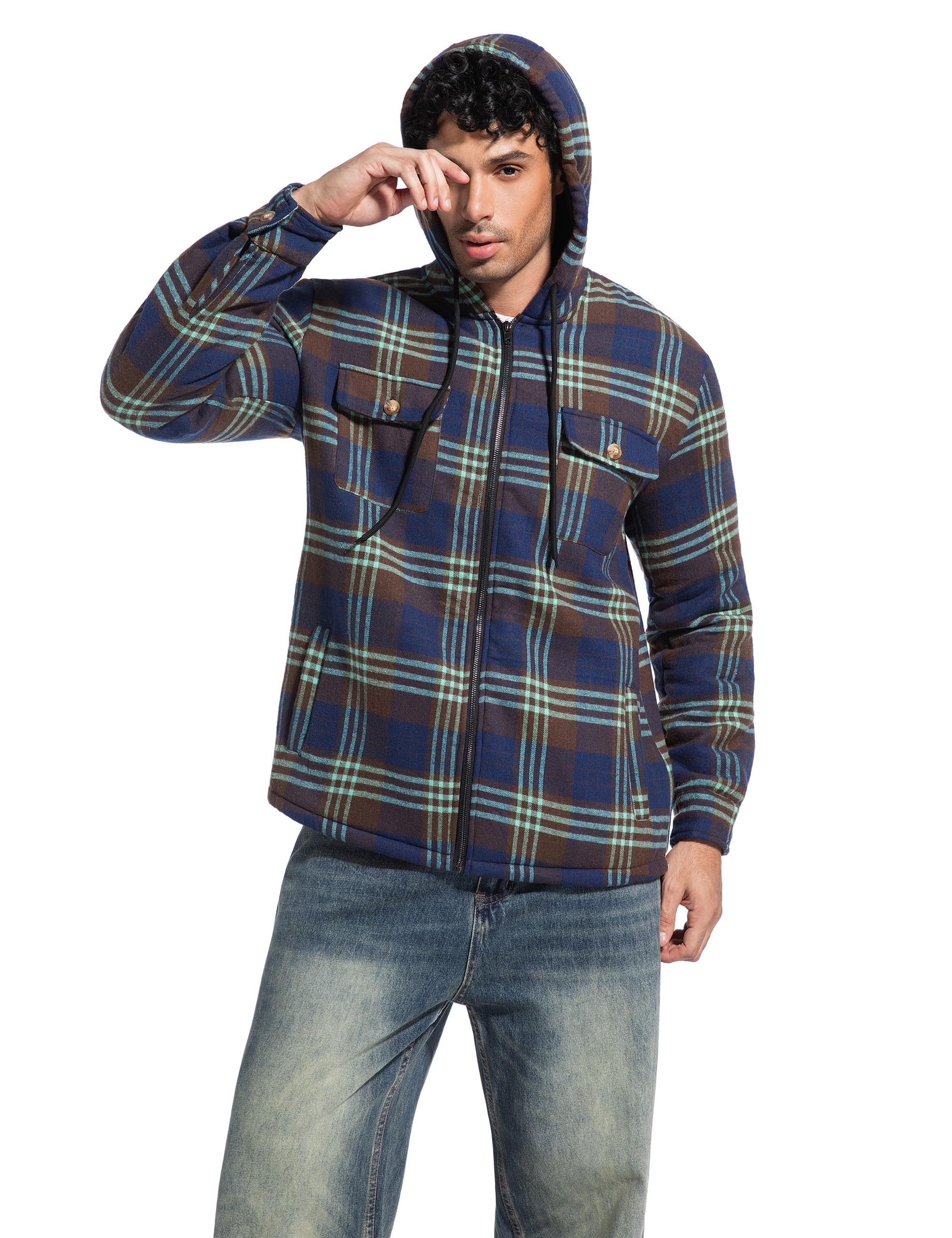 Men's Flannel Plaid Hooded Jackets Full Zip Sherpa Fleece Lined Hoodies Fashion Warm Coat