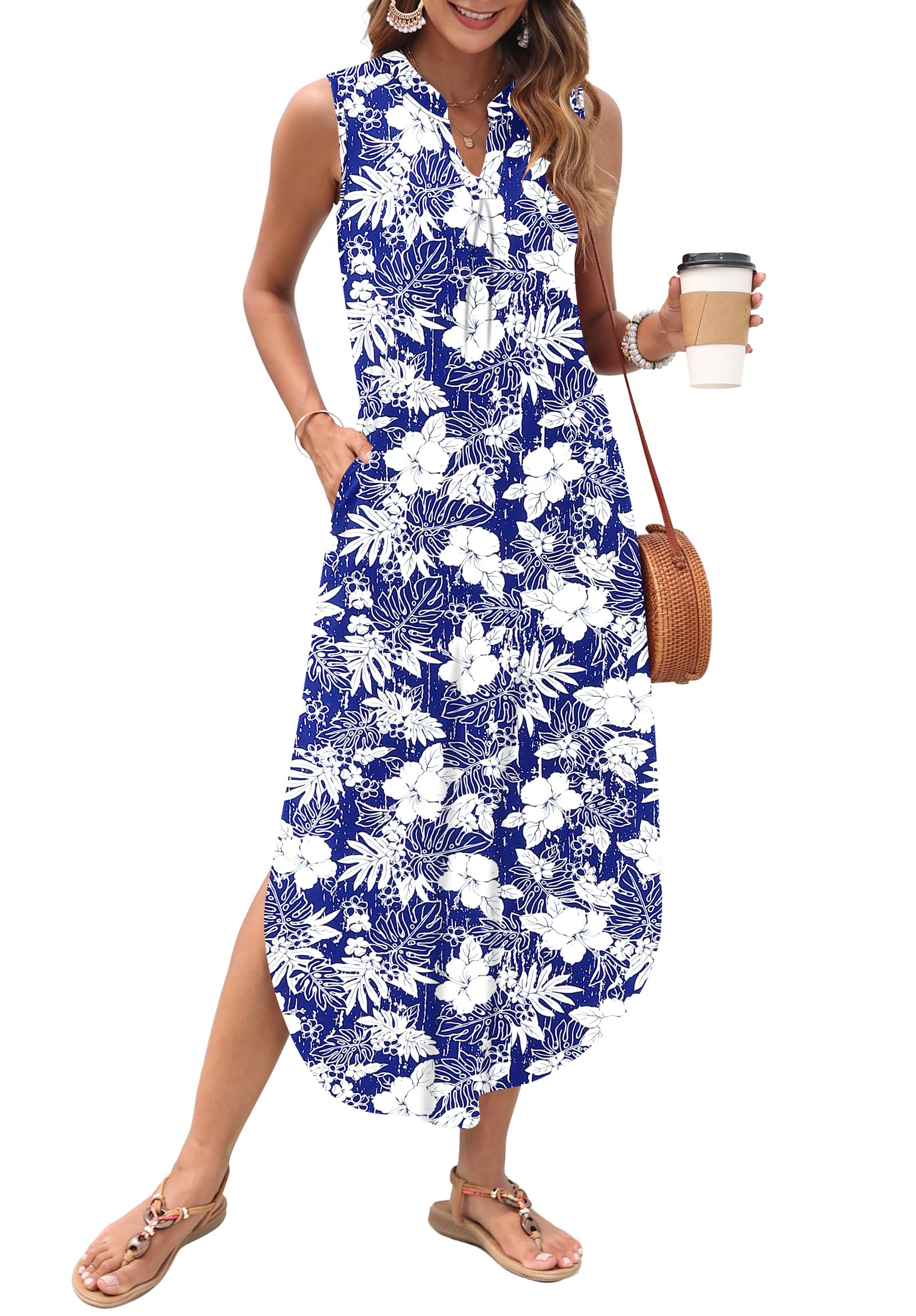 AUSELILY Womens Summer Casual Maxi Dresses 2026 Sleeveless Long Beach Dresses V Neck Loose Sundresses with Side Split Pockets