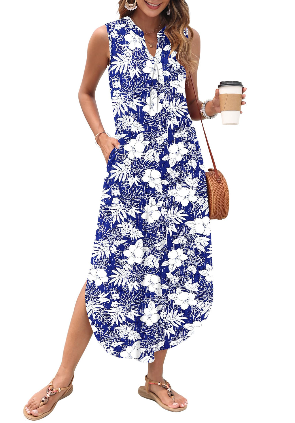 AUSELILY Womens Summer Casual Maxi Dresses 2026 Sleeveless Long Beach Dresses V Neck Loose Sundresses with Side Split Pockets