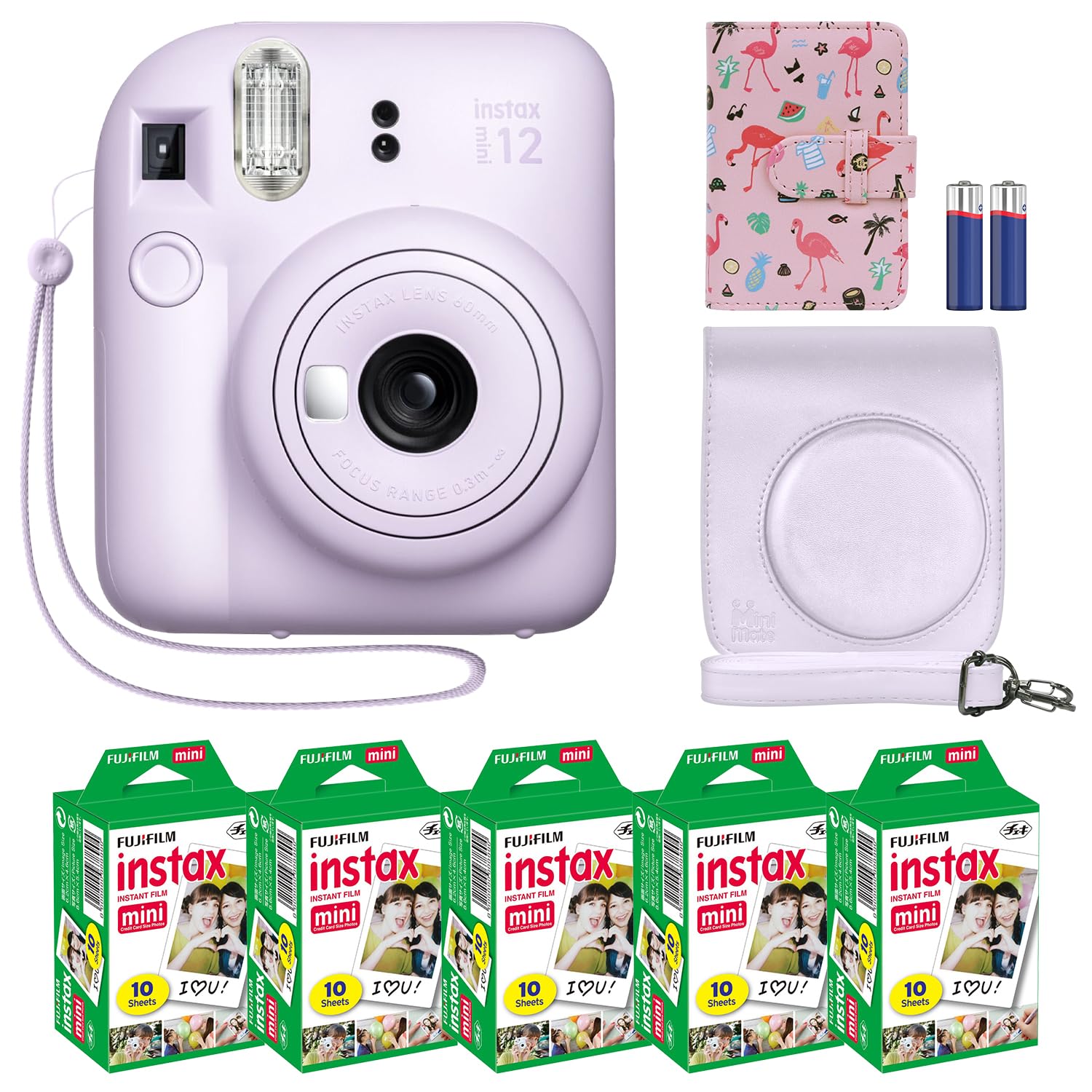 Fujifilm Instax Mini 12 Instant Camera + MiniMate Accessory Bundle & Compatible Custom Case + Fuji Instax Film Value Pack (50 Sheets) Flamingo Designer Photo Album (Mint Green)