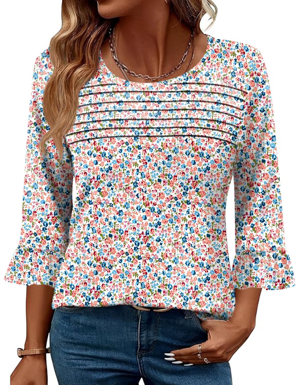 Blingfit Womens Tops 3/4 Length Sleeve Dressy Casual Shirts Bell Sleeve Front Pleated Fasion Trendy Summer Blouses 2026