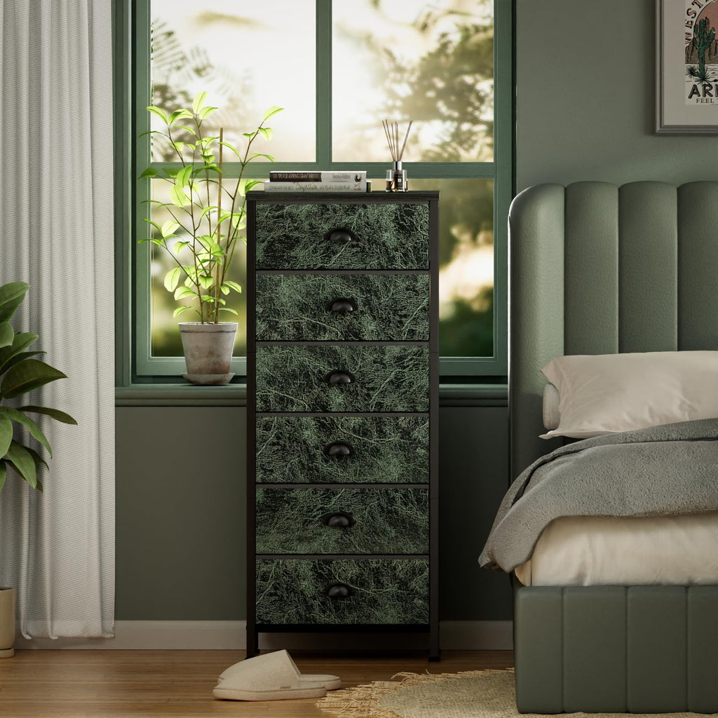 Furnulem Tall Dresser with 6 Drawers,Vertical Bedside End Table & Chest for Bedroom,Black Storage Tower Dorm Nightstand with Fabric Drawer Organizer Unit Furniture in Living Room,Closet,Hallyway