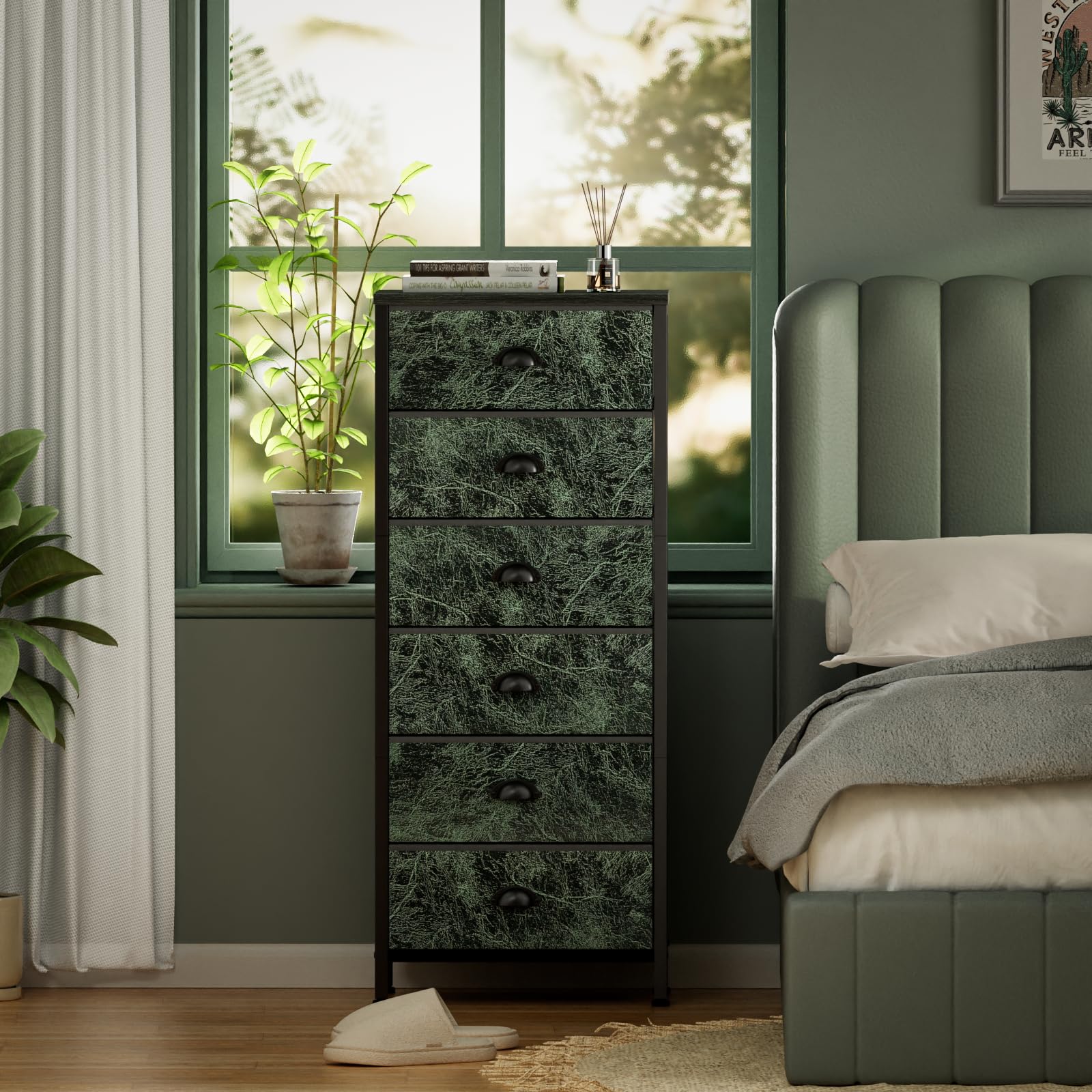 Furnulem Tall Dresser with 6 Drawers,Vertical Bedside End Table & Chest for Bedroom,Black Storage Tower Dorm Nightstand with Fabric Drawer Organizer Unit Furniture in Living Room,Closet,Hallyway