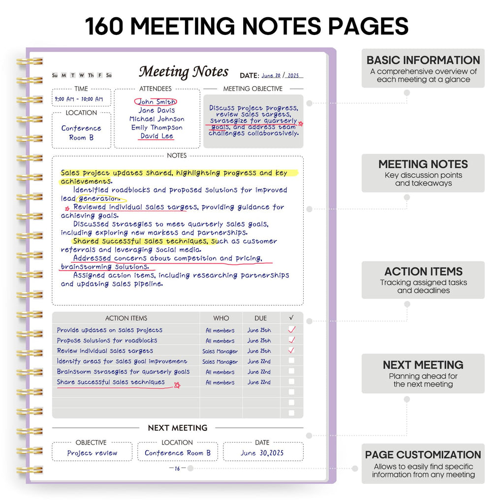 Meeting Notebook for Work Organization - Work Planner Notebook with Action Items, Agenda Planner for Note Taking, 160 Pages (6.9" X 9.9") Project Organizer for Men & Women - Pink