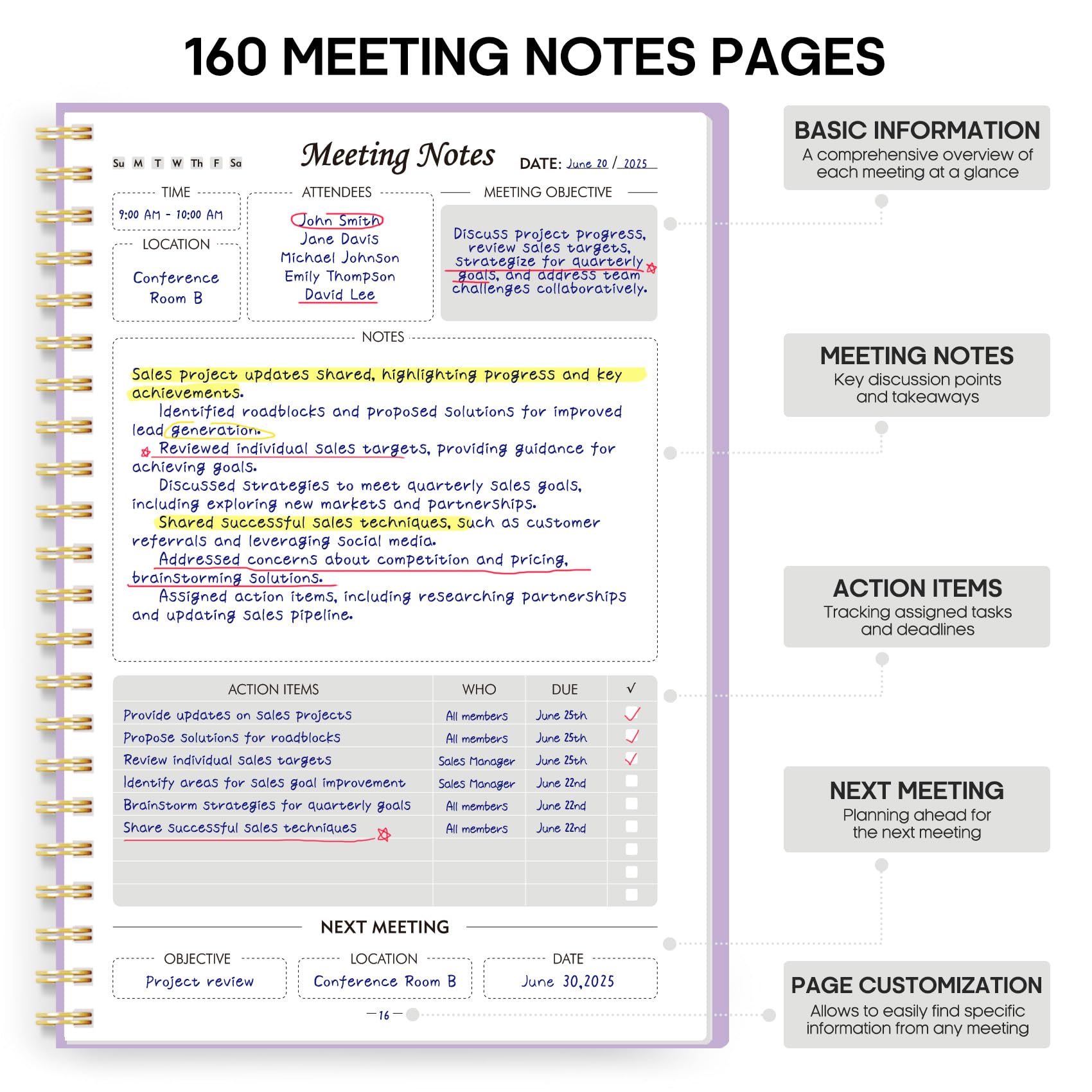 Meeting Notebook for Work Organization - Work Planner Notebook with Action Items, Agenda Planner for Note Taking, 160 Pages (6.9" X 9.9") Project Organizer for Men & Women - Pink