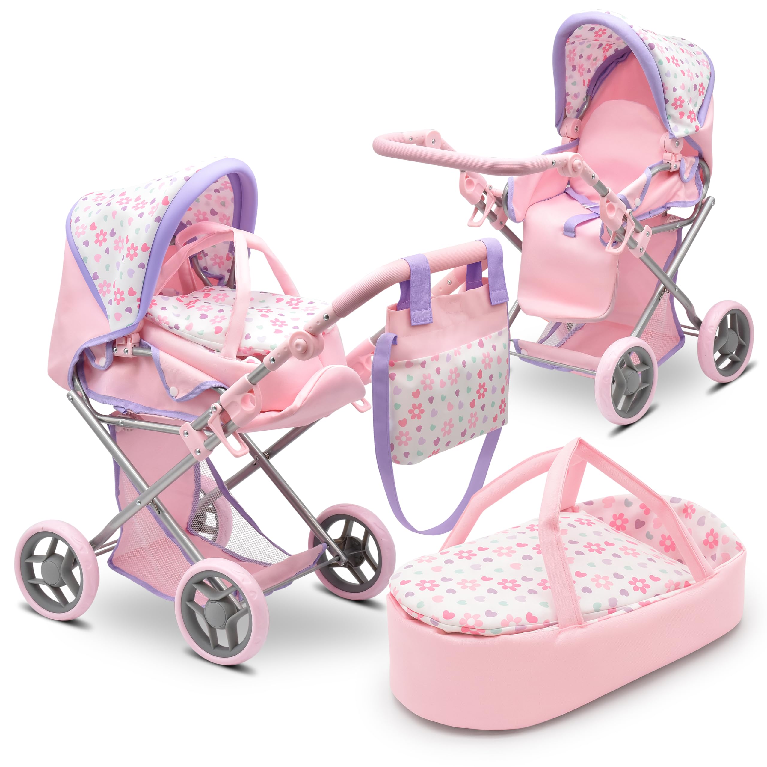 Baby Doll Convertible Pram Stroller with Removable Travel Bassinet Carrier for Kids Adjustable Handle Buggy Carriage with Canopy and Storage Basket 25 Inch Pink, Black