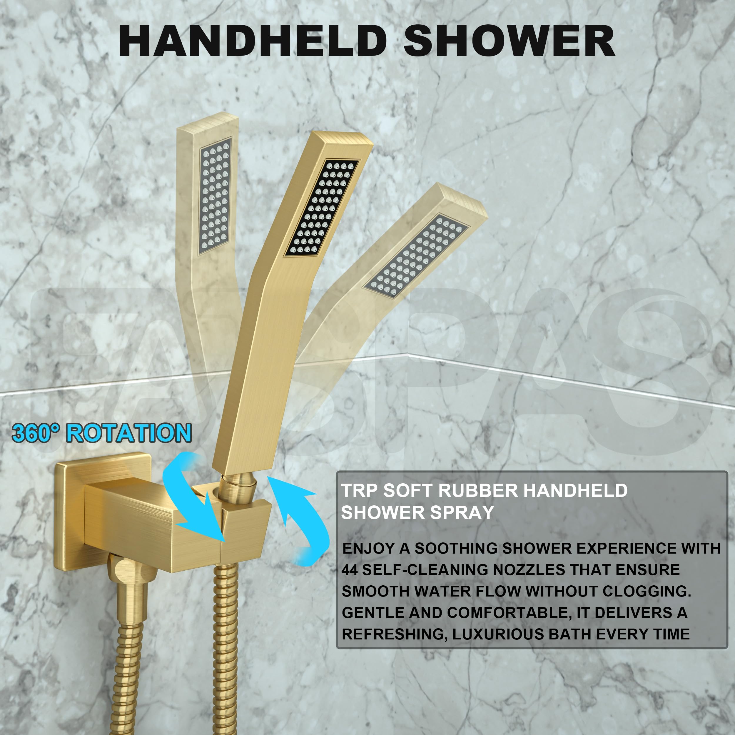 Brushed Gold Shower System with 10-Inch Rain Showerhead and Tub Spout | cUPC-certified pressure balance brass valve to prevent scalding, CEC-certified air injection technology for low pressure