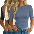 Riyiper 3 Pack Women's Elbow Length Tops, Half Sleeve Ribbed Cotton T Shirt Crew Neck Summer Tee Slim Fit Casual Blouses