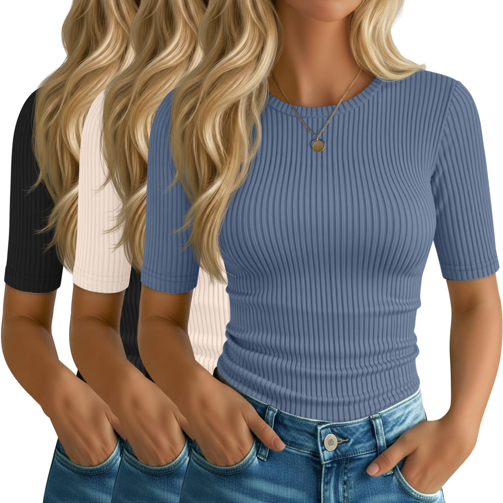 Riyiper 3 Pack Women's Elbow Length Tops, Half Sleeve Ribbed Cotton T Shirt Crew Neck Summer Tee Slim Fit Casual Blouses