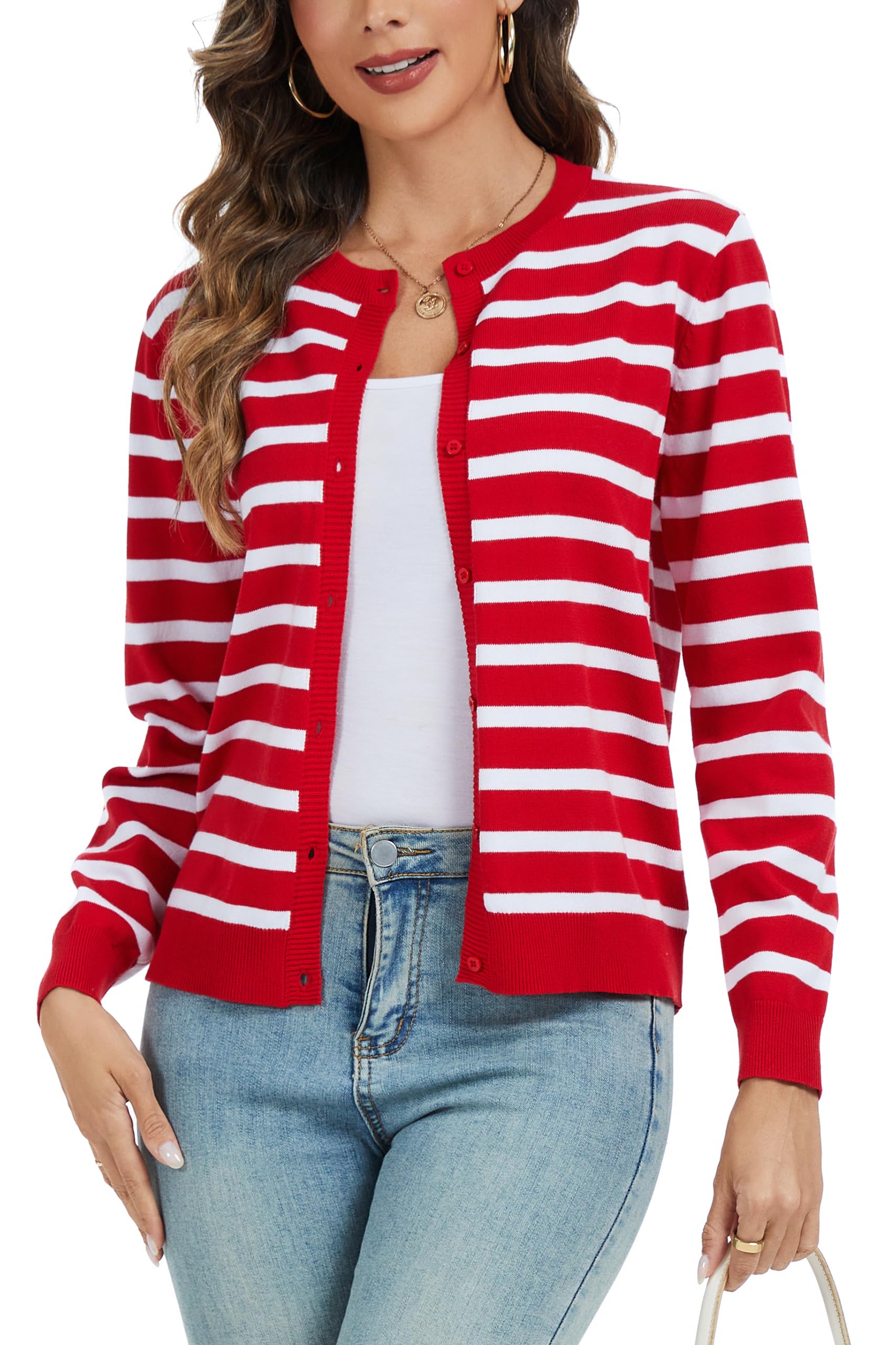 CUNYI Women's Crew Neck Cardigan Long Sleeve Sweater for Women Button Down Soft Knit Ladies Cardigan Sweates Coat
