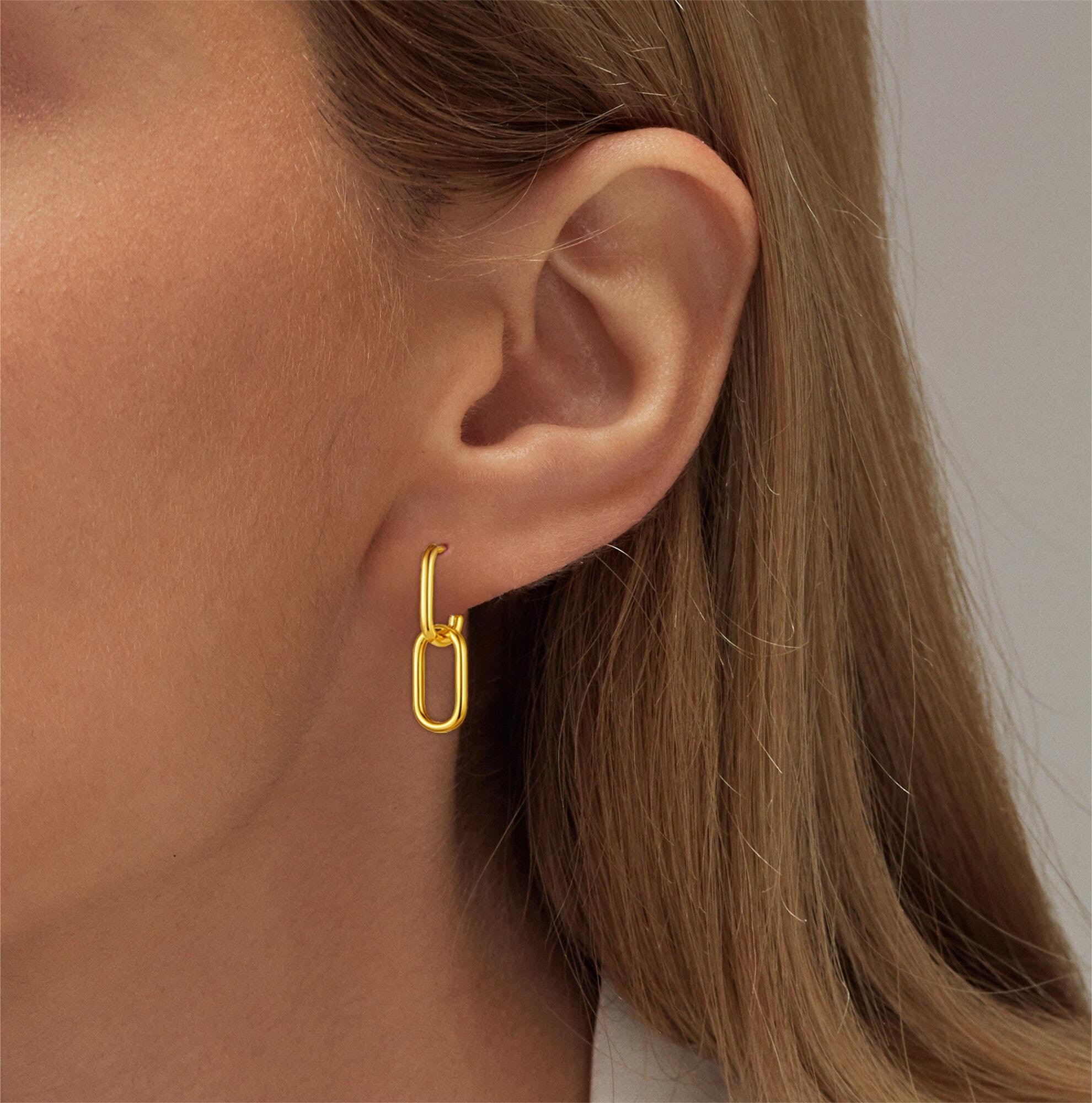 Gold Earrings for Women Trendy, Simple Dainty 14K Gold Plated Paperclip Square Chain Link Dangle Hoops Earrings Pin Stud Huggie Earrings Lightweight Hypoallergenic Minimalist Aesthetic Gold Jewelry for Christmas Gifts