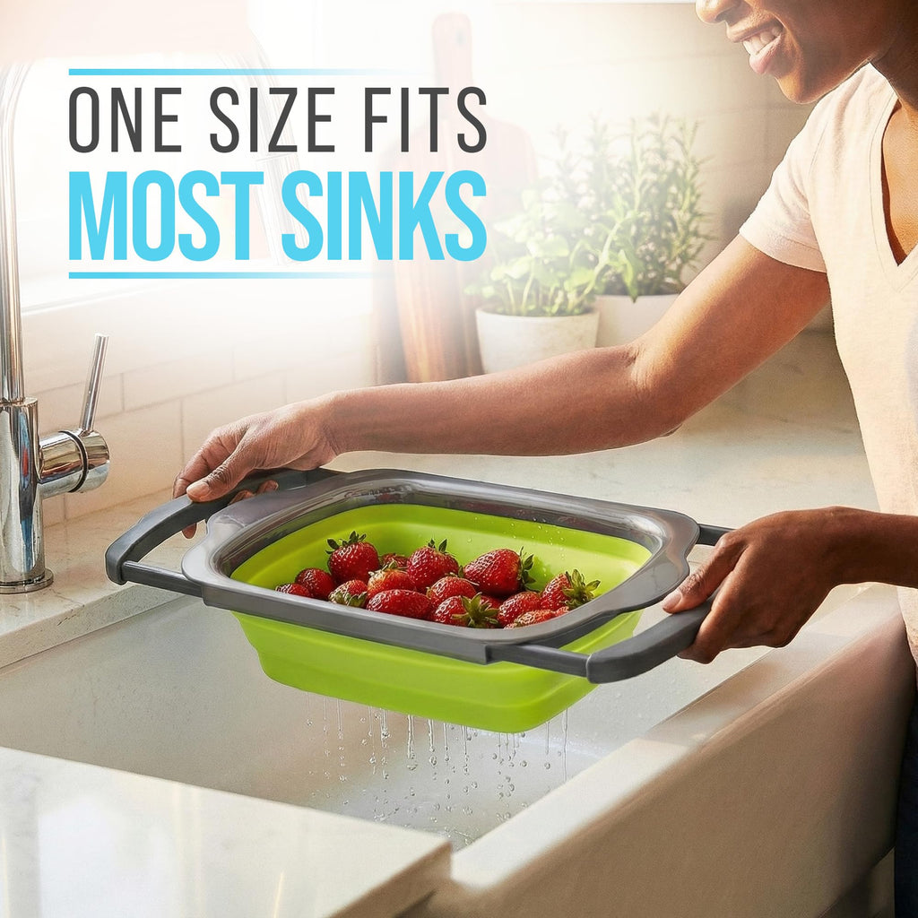 Comfify Over-the-Sink Colander with Handles – Sleek Plastic Black Kitchen Strainer for Pasta, Vegetables & Fruits – Space-Saving Design – 17.1 x 10.2 x 1.75 Inches
