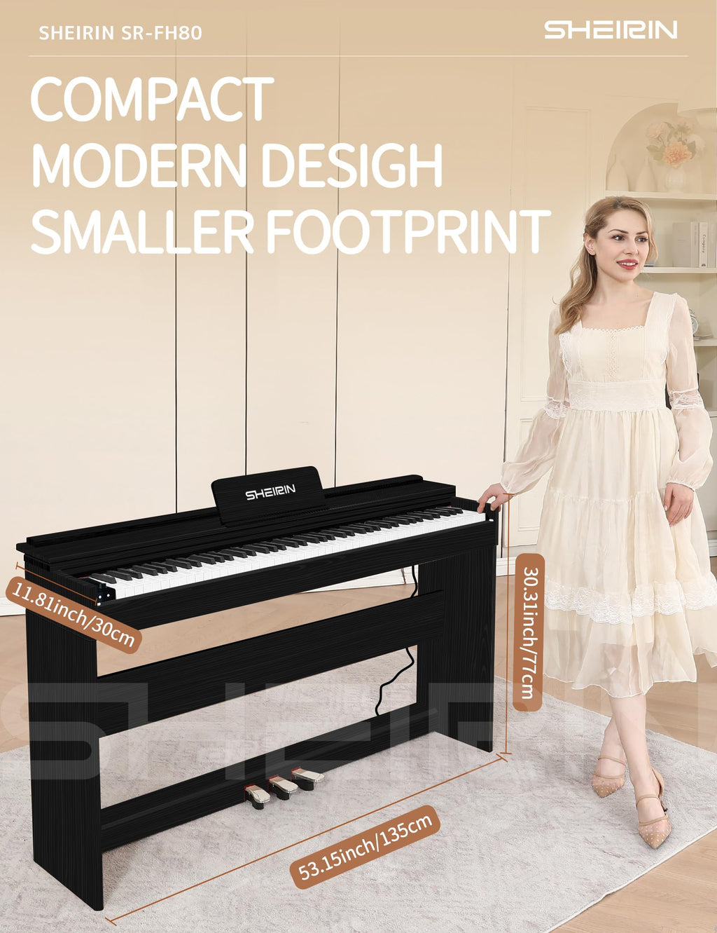Digital Piano Hammer Action Keyboard 88 Keys Upright Acoustic Electric Weighted Piano Beginner MIDI Cover Full Size Sustain Pedal Stand Real Professional SR-FH80 (Beige Full Cover)