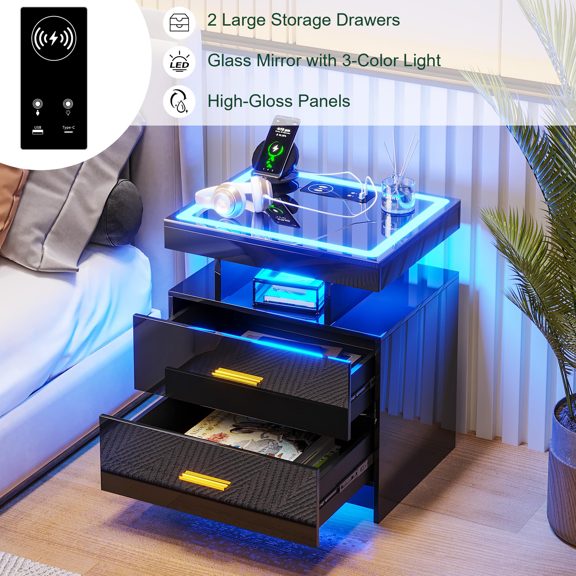 HNEBC LED Nightstand with Charging Station,Smart Bedside Table with Motion Sensor Lights,3 Drawers,Tempered Glass Top,High Gloss End Table with 3 Color Lights for Bedroom, Living Room,Office-Black