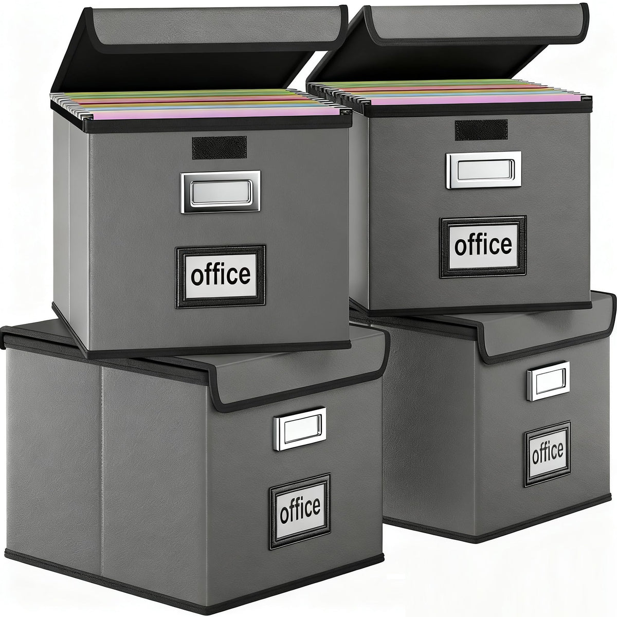 File Organizer Box with Lid, Collapsible Faux Leather Hanging File Folder Box Organizer with Plastic Slides, Decorative Home/Office Filing System Boxes for File and Folders Storage