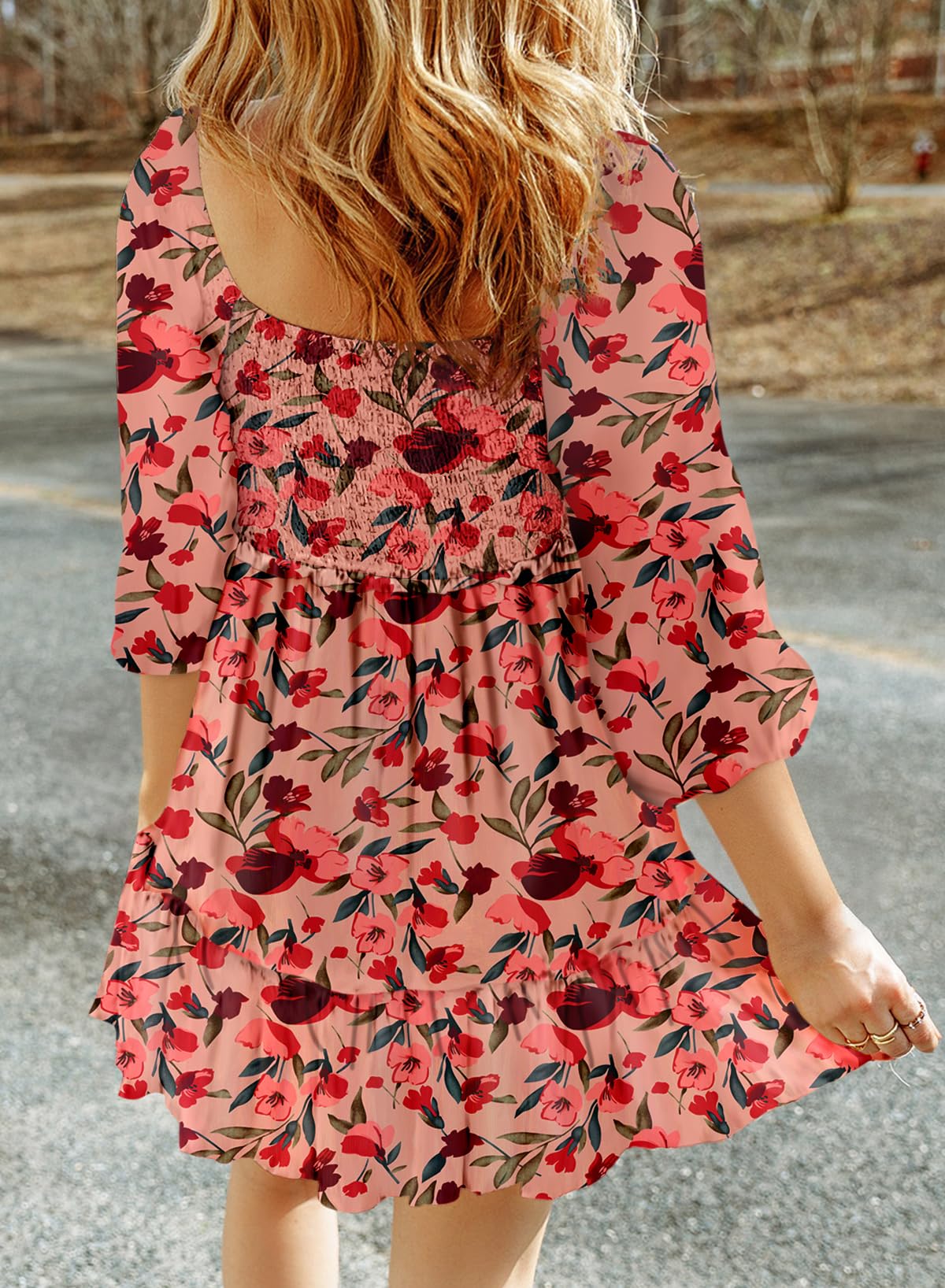 Dokotoo Fall Dresses for Women 2025 Boho Floral Square Neck Smocked 3/4 Sleeve Casual A-Line Swing Mini Dress Sundress