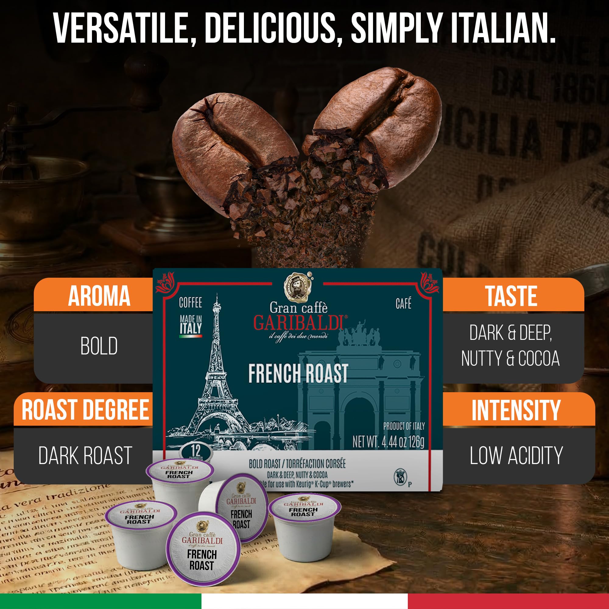 Caffè Garibaldi Colombian Coffee Pods, for Keurig K-Cup Brewers, Single Serve Cups with 100% Arabica Blend for Coffee Makers, 12 Count Recyclable Pods - Medium Roast