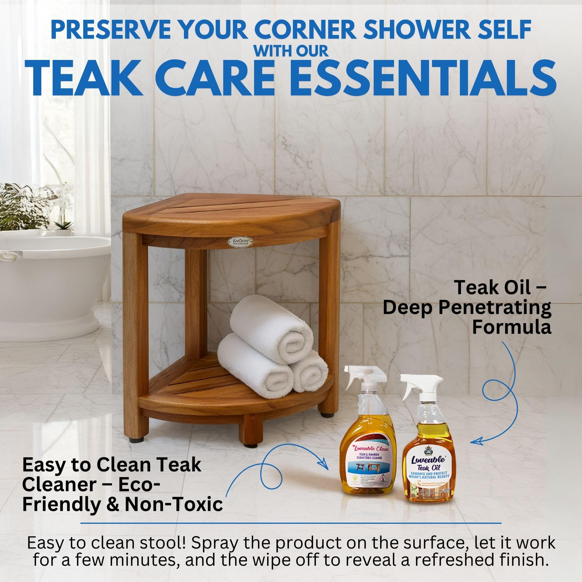 DecoTeak Teak Corner Shower Shelf – 2 Tier Waterproof Bathroom Storage Organizer Compact Wood Storage | Water-Resistant Design | Space Saver for Showers & Small Bathrooms | Shaving Foot Rest