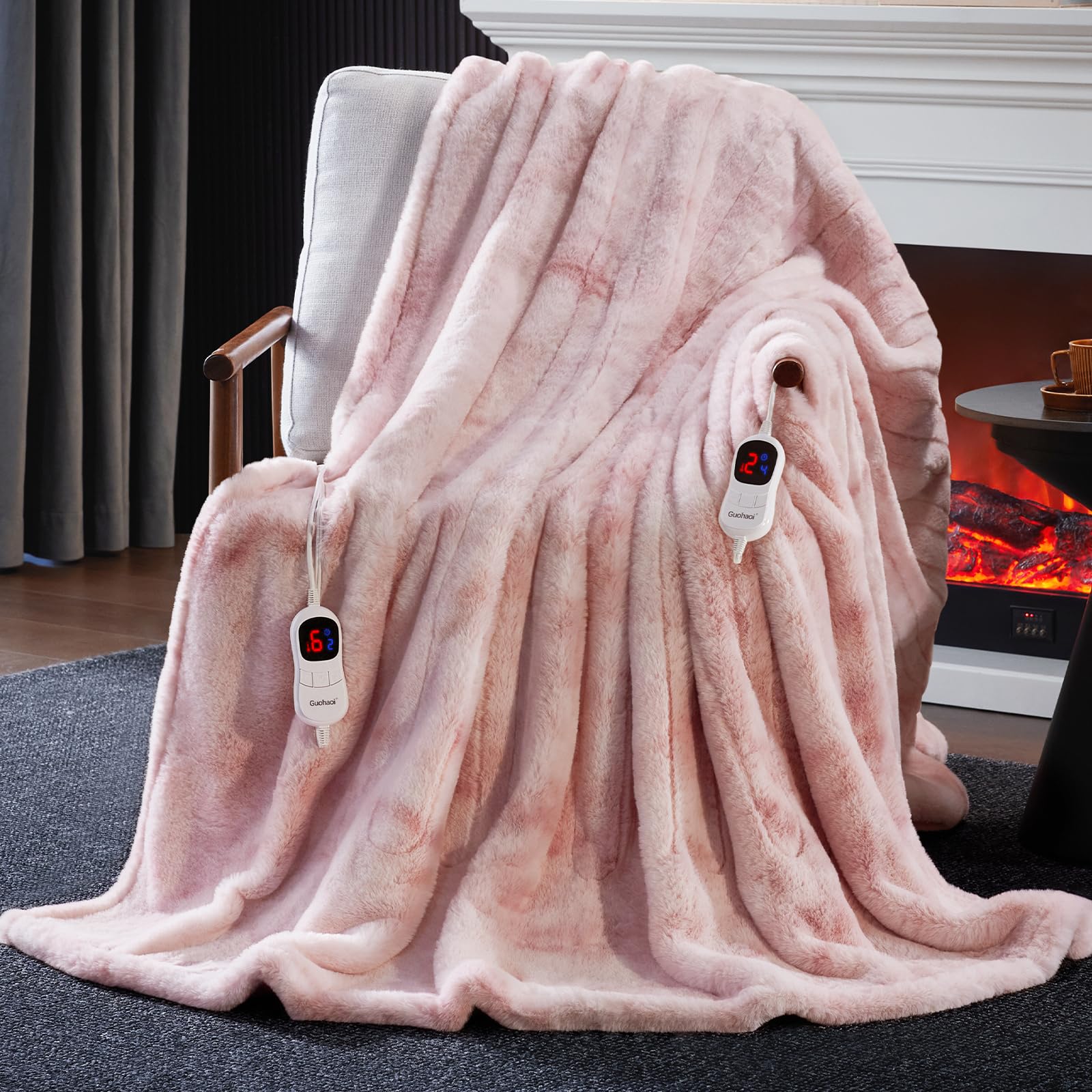 Guohaoi Heated Blanket Electric Throw, Soft Faux Rabbit Fur Electric Blanket with 10 Heating Levels 5 Sitting Timer Auto Off, Cozy Warm Heating Blankets, Machine Washable(50"×60" Beige)