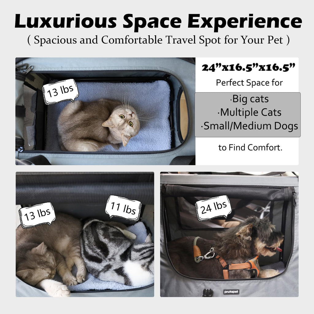 Prutapet Large Cat Carrier 24"x16.5"x16.5" Portable Dog Crate for Small Medium Dogs Collapsible Traveling Pet Crate with Collapsible Bowl
