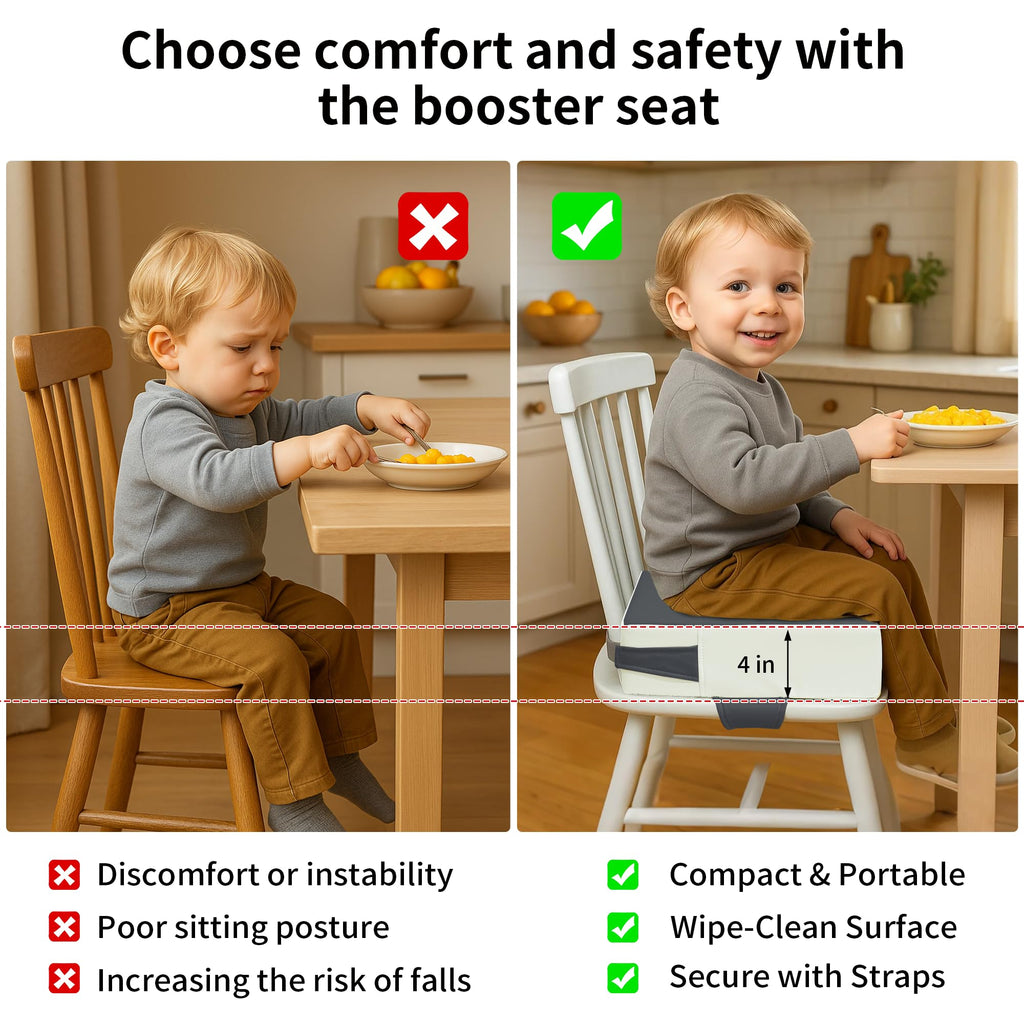 Toddler Booster Seat for Dining Table – PU Washable Cushion with Double Safe Straps, Non-Slip Bottom, Portable Travel Booster Seat for Toddlers (Dark Brown)