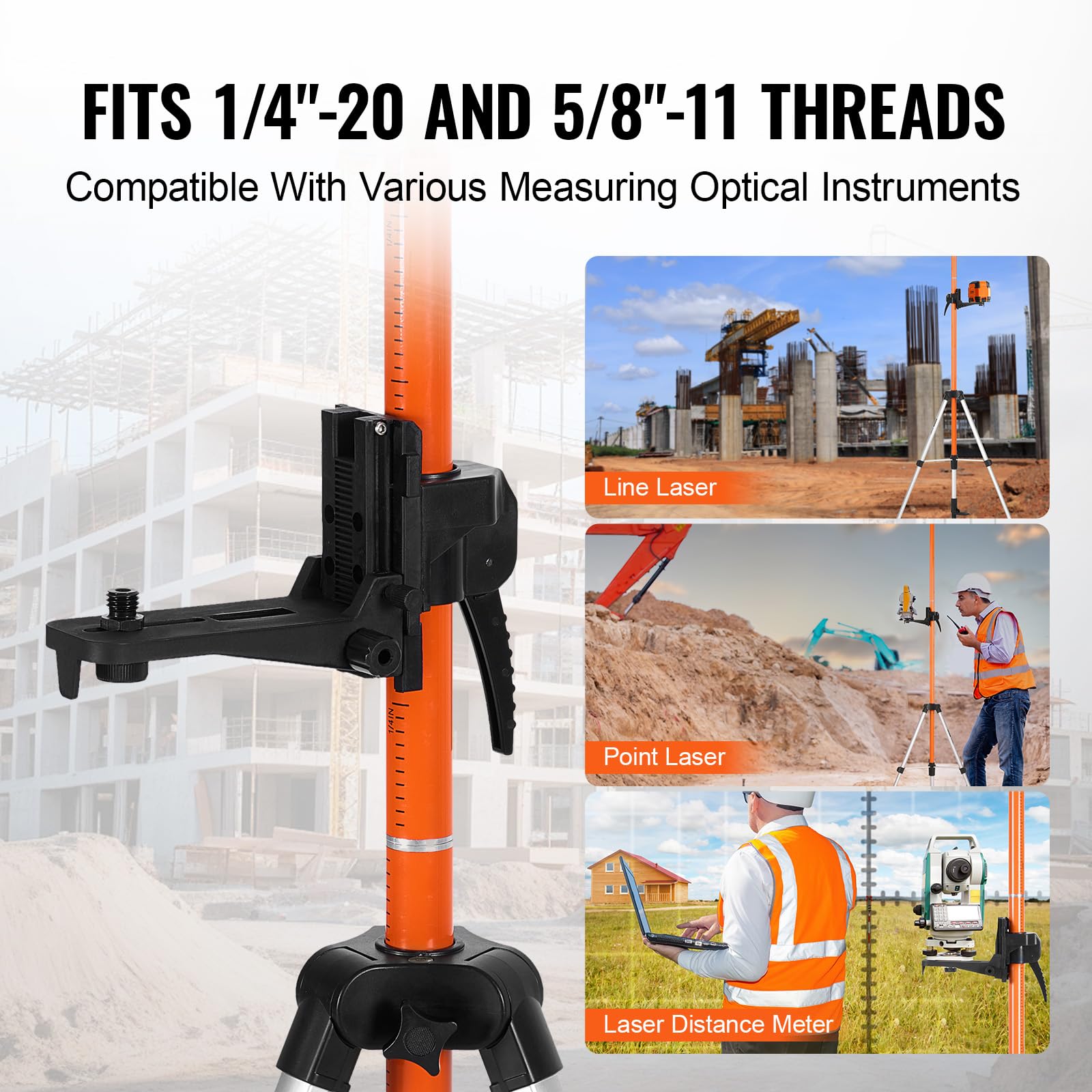 VEVOR Laser Level Tripod Stand, 5/8"-11 Thread Mount, 16.53-65.55 inch Height Adjustment Heavy Duty Survey Tripod for Construction Laser Level Scanner, Retractable Legs Non-Skid Feet Professional