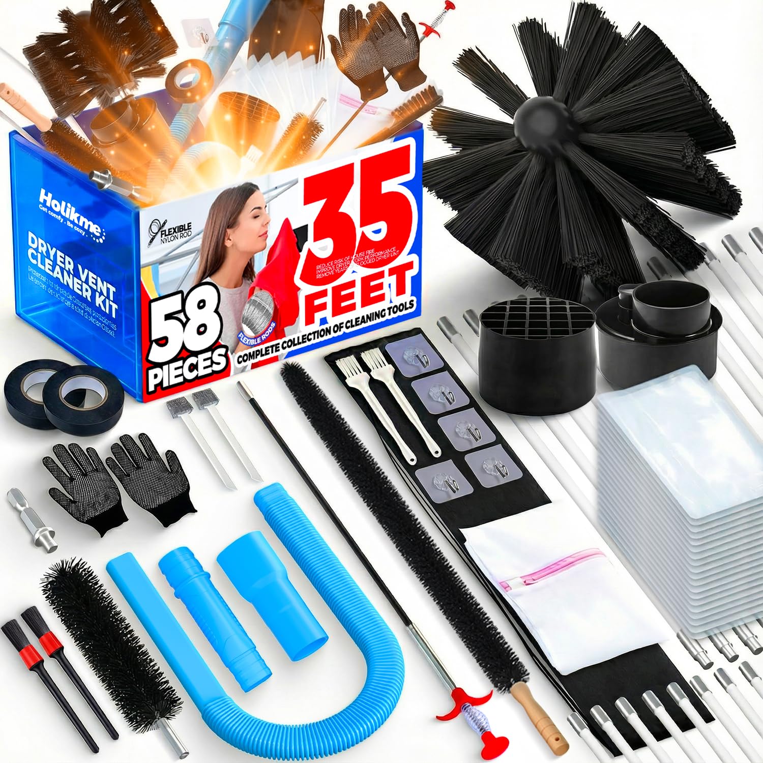 Holikme Dryer Vent Cleaner Kit, Include 30Feet Dryer Vent Cleaning Brush, Dryer Lint Vacuum Attachment, Lint Brush & Dryer Adapters, Blue