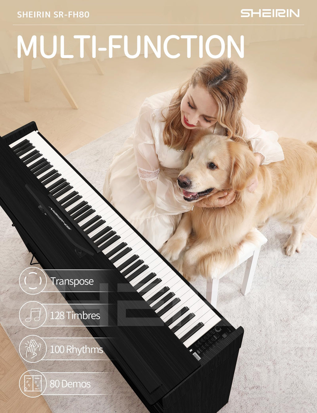 Digital Piano Hammer Action Keyboard 88 Keys Upright Acoustic Electric Weighted Piano Beginner MIDI Cover Full Size Sustain Pedal Stand Real Professional SR-FH80 (Beige Full Cover)