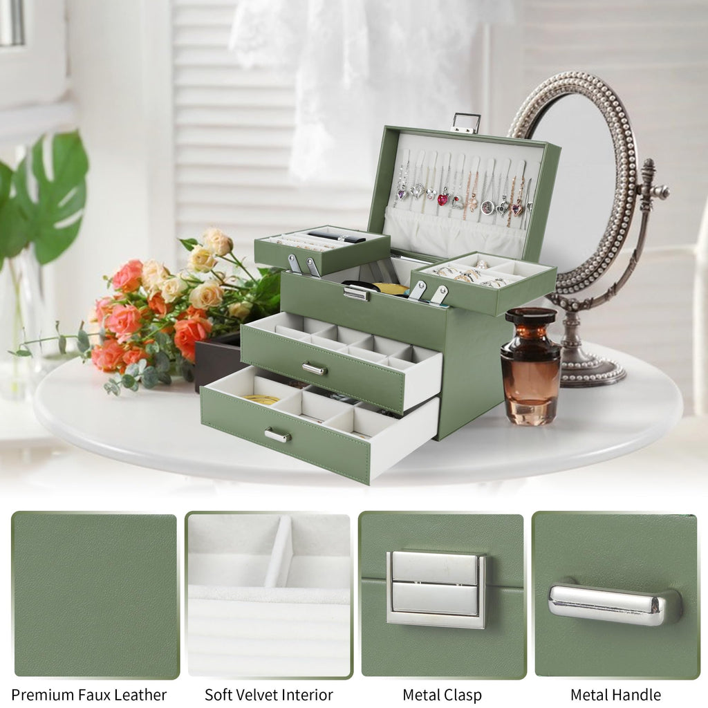 Dajasan Jewelry Organizer Box, Large Jewelry Boxes for Women Girls, Space-Saving 4 Layers Jewelry Storage Case with Drawer, Movable Metal Stand, Modern, Gift Idea (Green)