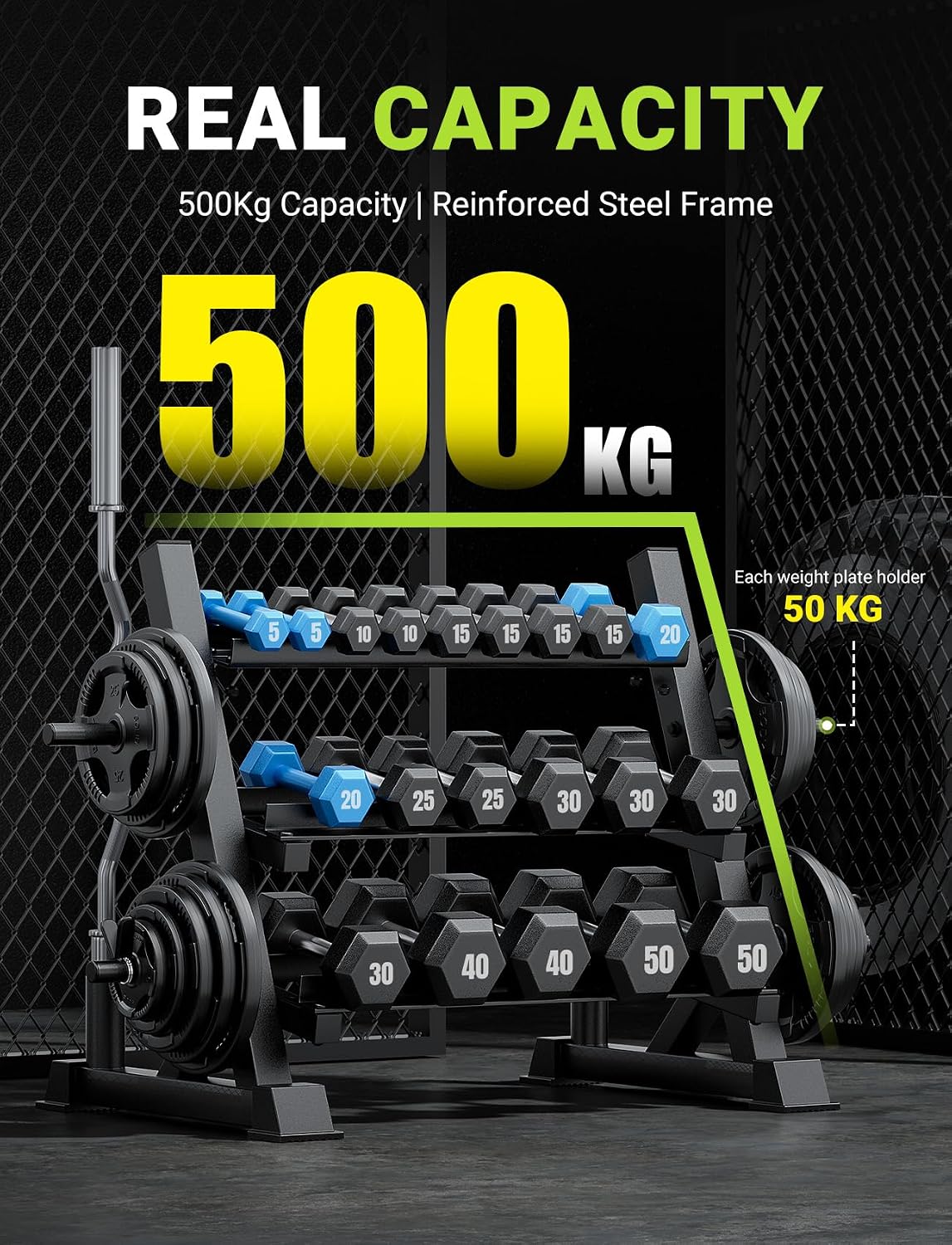 YOLEO Dumbbell Rack Stand Only, 1100LBS Heavy Duty Weight Rack for Home Gym, Adjustable 3-Tier Weight Storage Rack for Dumbbells, Barbells, Kettlebells & Weight Plates, Compact Workout Equipment Organizer