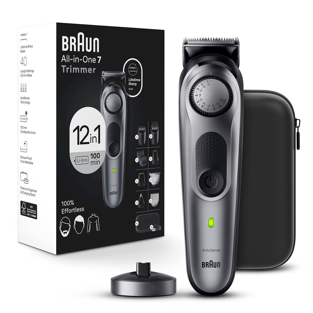 Braun All-in-One Style Kit Series 7 7410, 8-in-1 Trimmer for Men with Beard Trimmer, Body Trimmer for Manscaping, Hair Clippers & More, Sharpest Blade, 40 Length Settings, Waterproof