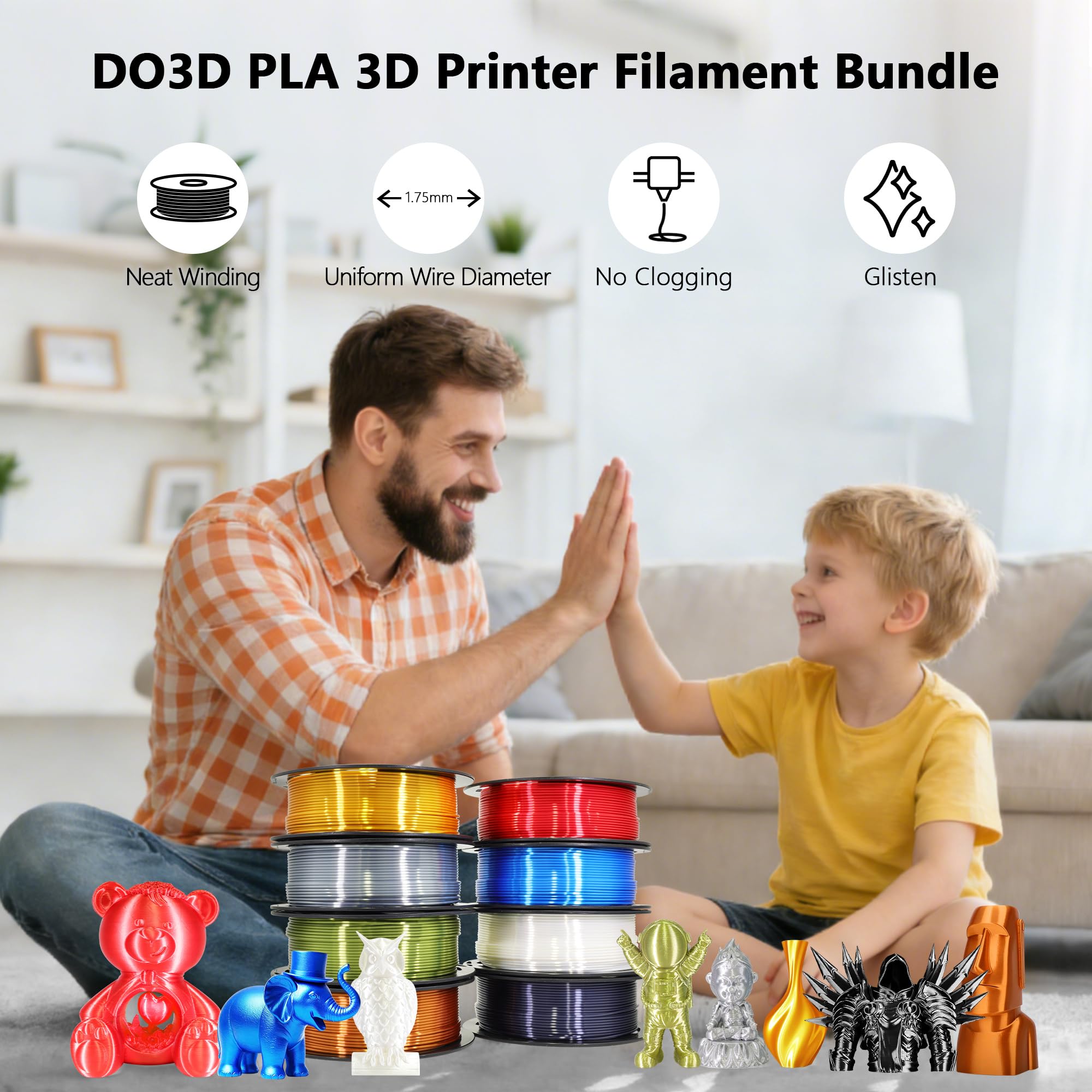 1.75mm PLA 3D Printer Filament Bundle: Glow in Dark Green/Blue/Purple/Rainbow, One Spool Clear Multi Colored, Each Spool 250g, Total 1.25Kg 3D Printing Material, 250g x 5 Spools Glow in Dark PLA