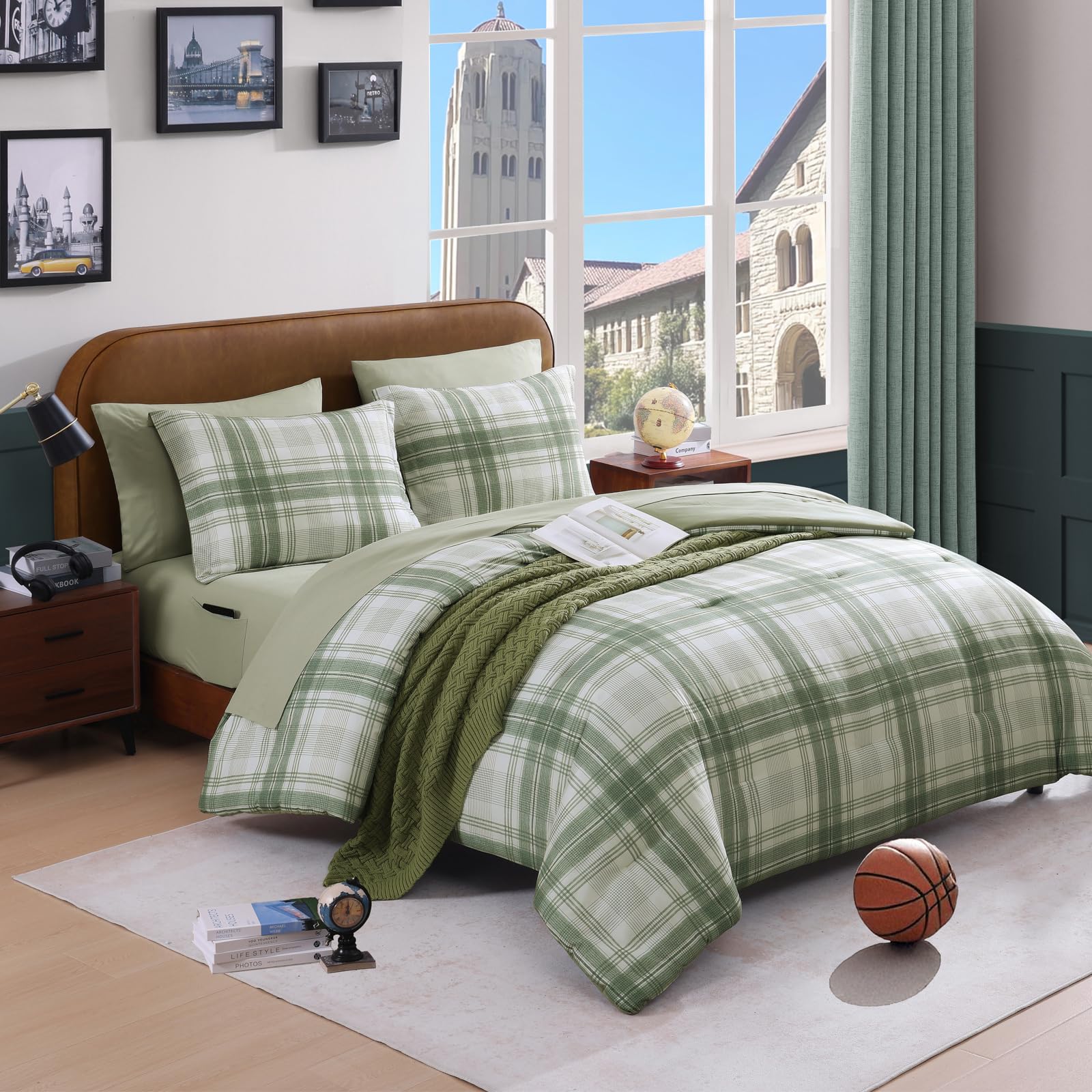 AMBERSPACE Plaid Twin XL Comforter Set Black, Reversible Checkered Bedding Set 5 Pieces for Boys Girls Teen, Lightweight Bed in a Bag for Dorm with Sheets, Pillowcase & Sham