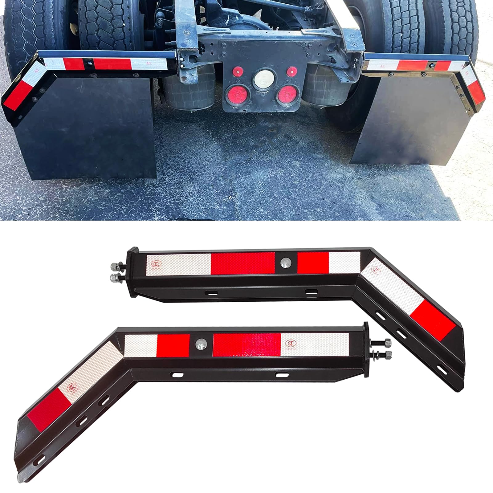 Black Angled Spring Loaded Mud Flap Hanger Bracket Mudflap Holder Set 1-1/8" Bolt Spacing 30" Length with Reflective Tapes fit for Semi Trucks, 2 Pack