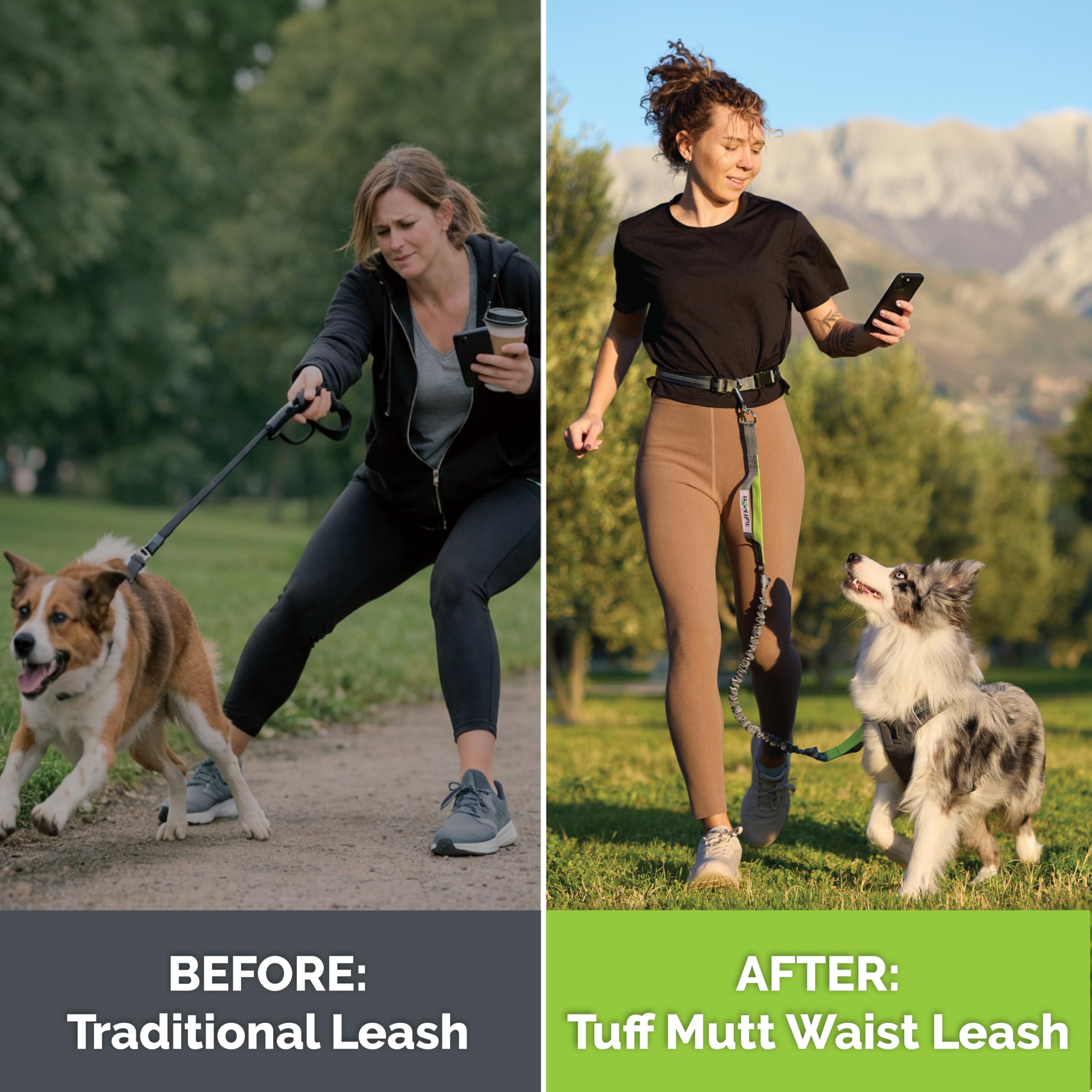 Tuff Mutt Hands-Free Waist Leash for Dog Walking, Running and Hiking, Carabiner Clip, Adjustable Belt with Double Handle, Reflective Bungee Design for Large & Medium Dogs