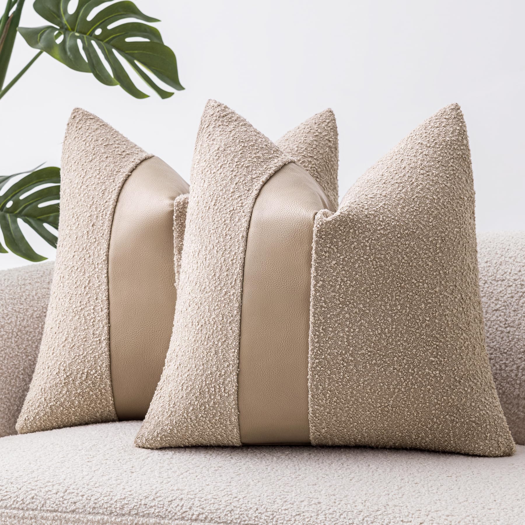 18"x18" Charcoal Black Boucle Throw Pillow Covers with Faux Leather Accents Set of 2 Fluffy Textured Decorative Pillow Cases for Couch Bed Boho Farmhouse Square Cushion Covers for Nordic Home